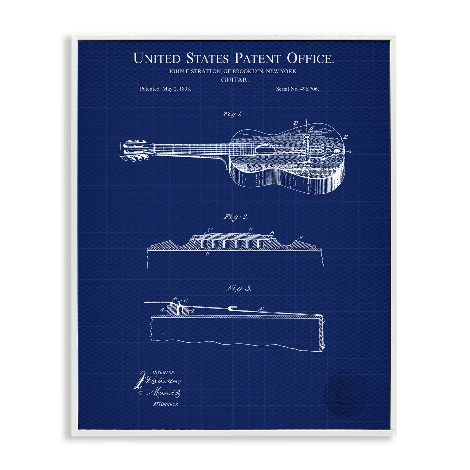 Stupell Industries Acoustic Guitar Blueprint Performing Arts Painting White Framed Art Print Wall Art, 16 x 20