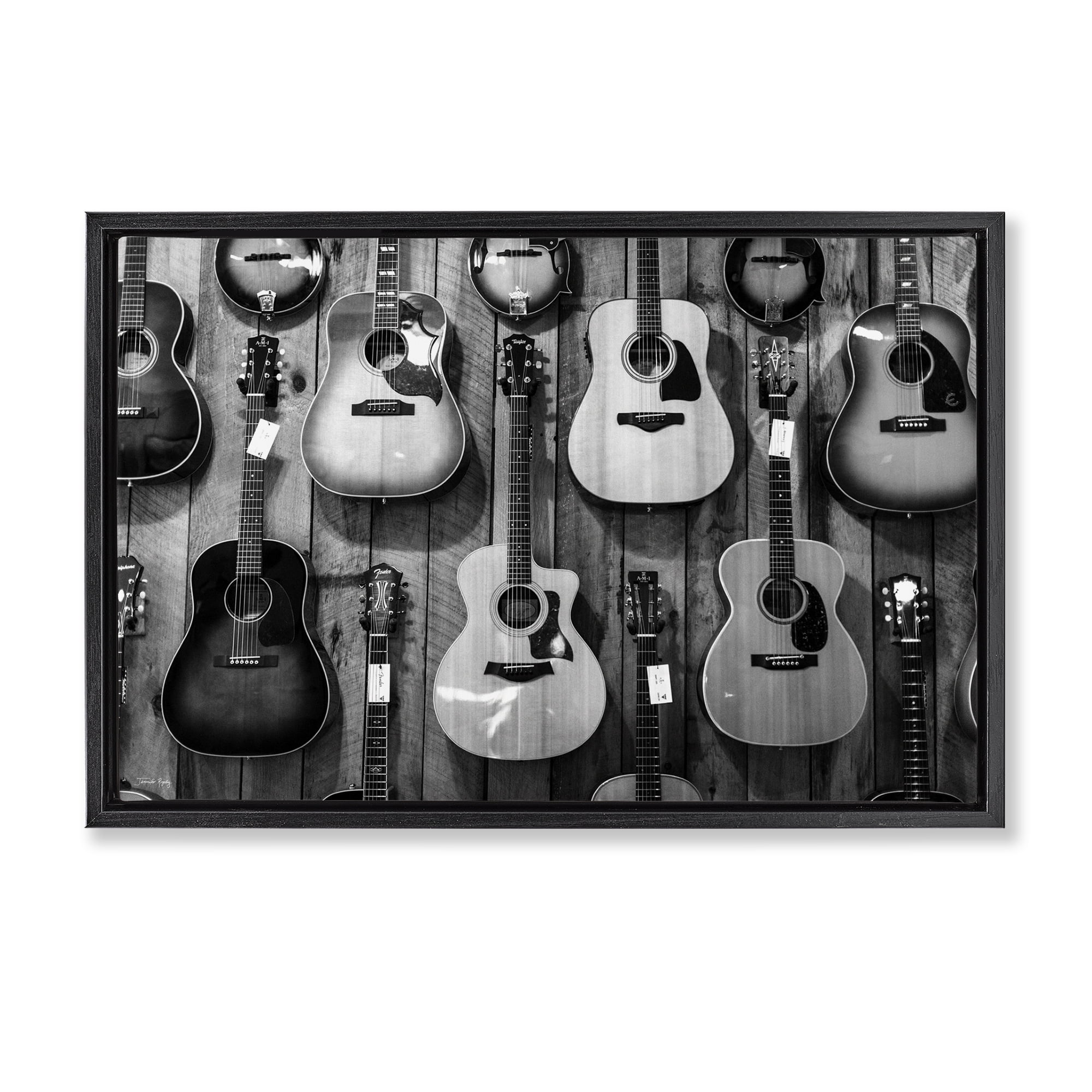 Stupell Industries Acoustic Guitars Hanging Entertainment Painting Black Floater Framed Canvas Art Print Wall Art, 31 x 21