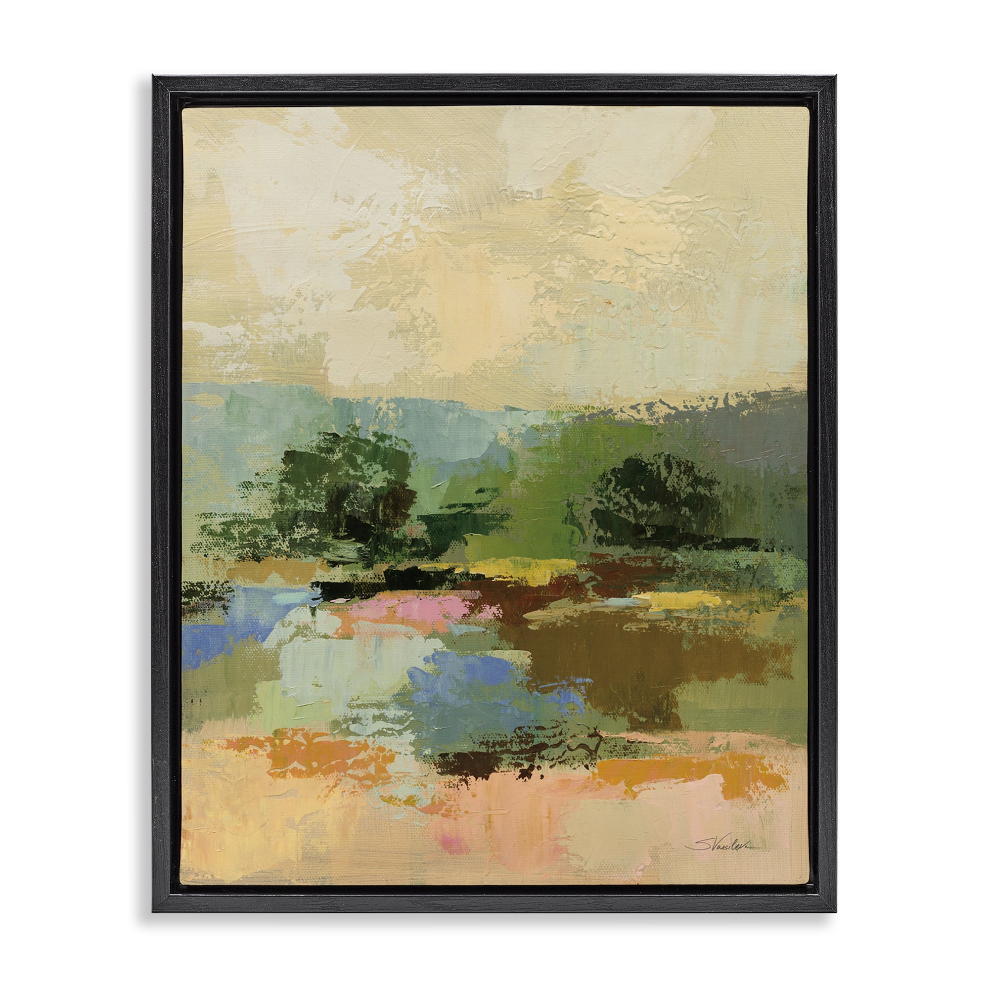 Stupell Industries Across The River Abstract Landscape Painting Black Floater Framed Art Print Wall Art, 25 x 31