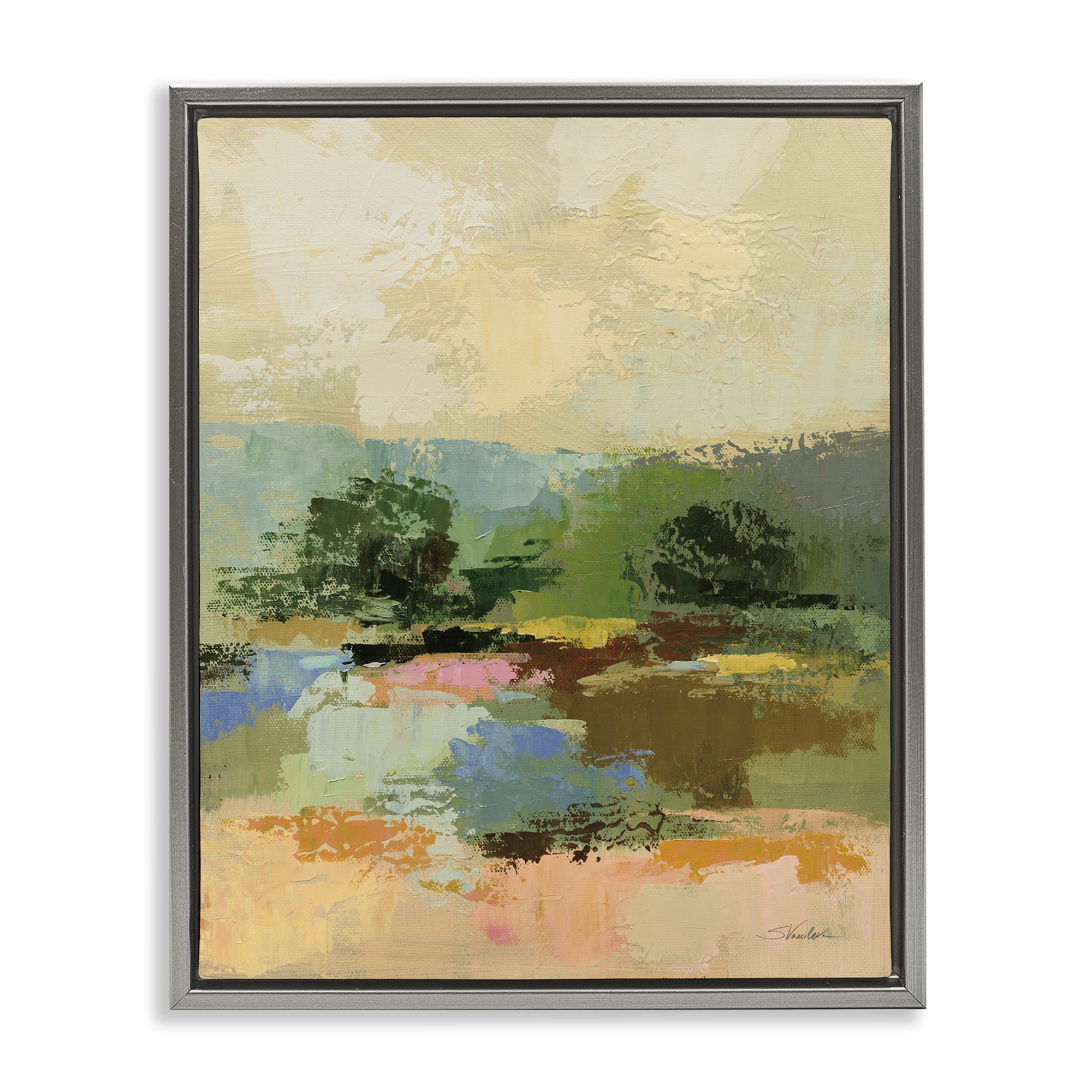 Stupell Industries Across The River Abstract Landscape Painting Gray Floater Framed Art Print Wall Art, 25 x 31