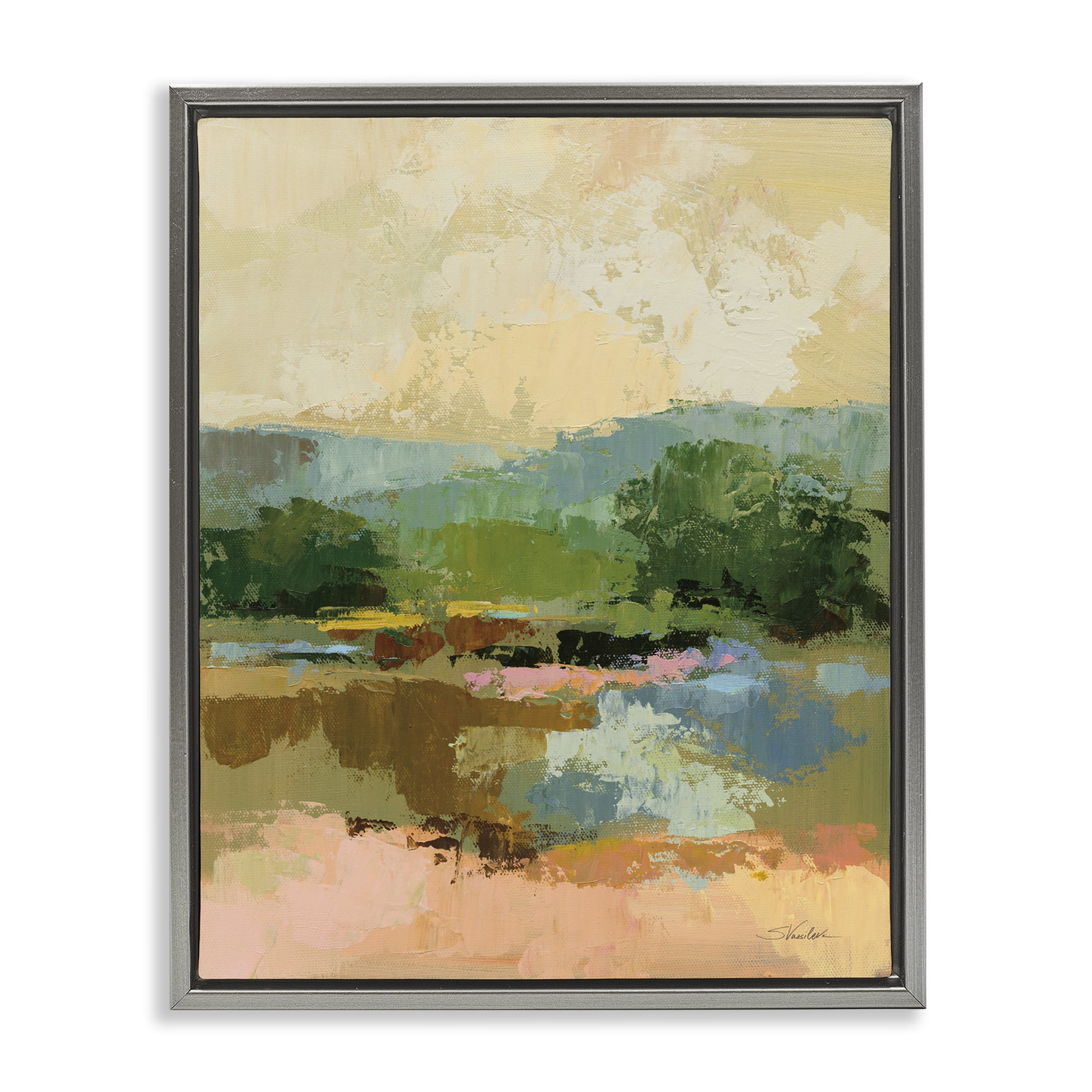 Stupell Industries Across The River View Landscape Painting Gray Floater Framed Art Print Wall Art, 17 x 21