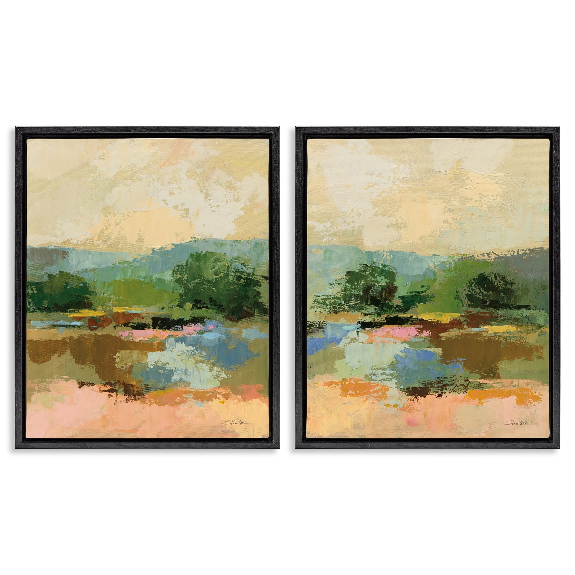 Stupell Industries Across the River Landscape Landscape & Nature Painting Black Floater Framed Canvas Art Print Wall Art, 17 x 21, Set of 2