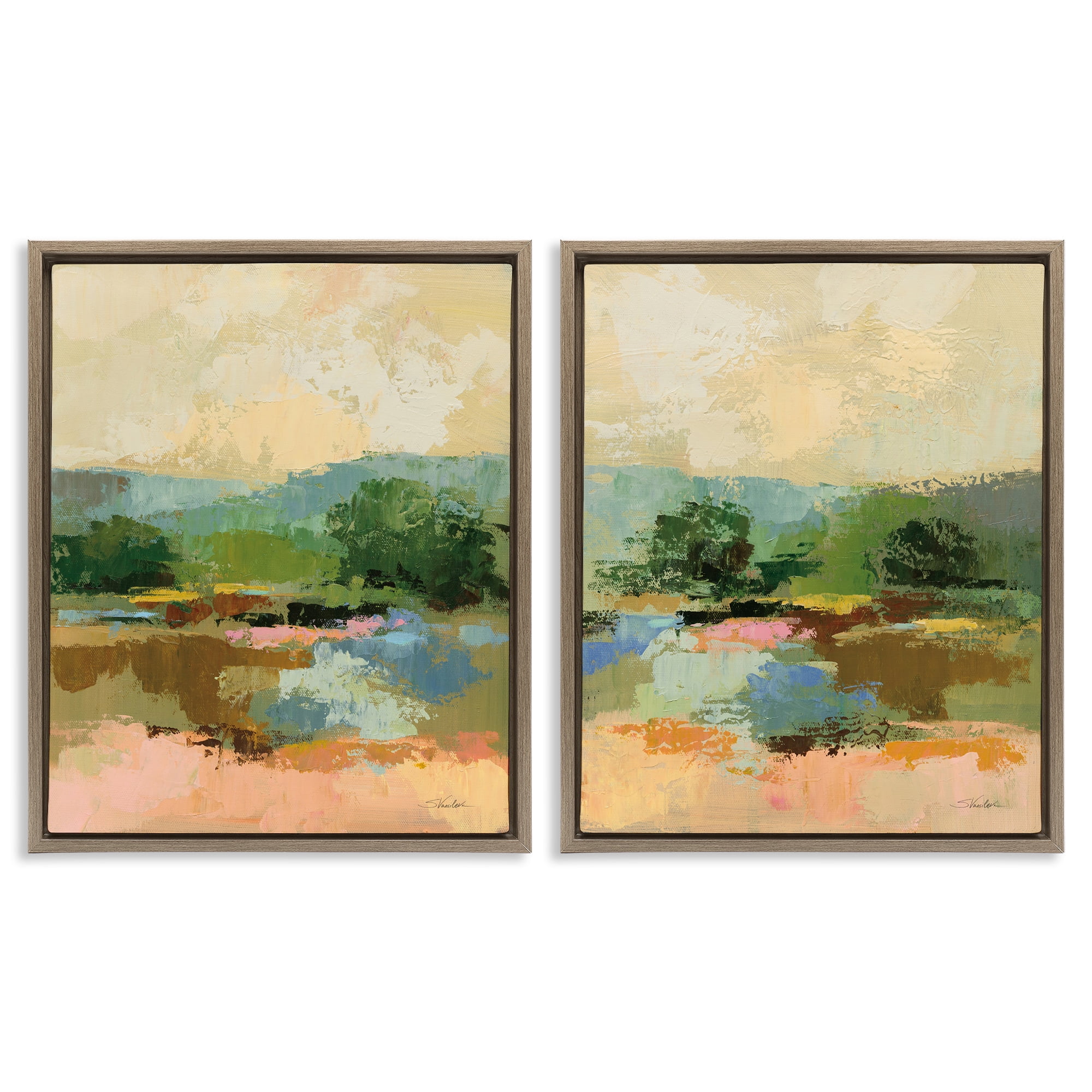 Stupell Industries Across the River Landscape Landscape & Nature Painting Brown Floater Framed Canvas Art Print Wall Art, 31 x 25, Set of 2