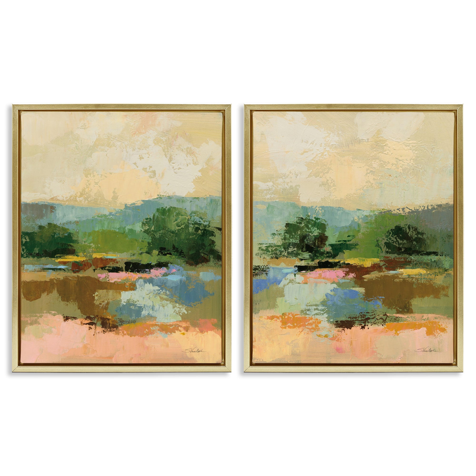 Stupell Industries Across the River Landscape Landscape & Nature Painting Gold Floater Framed Canvas Art Print Wall Art, 17 x 21, Set of 2