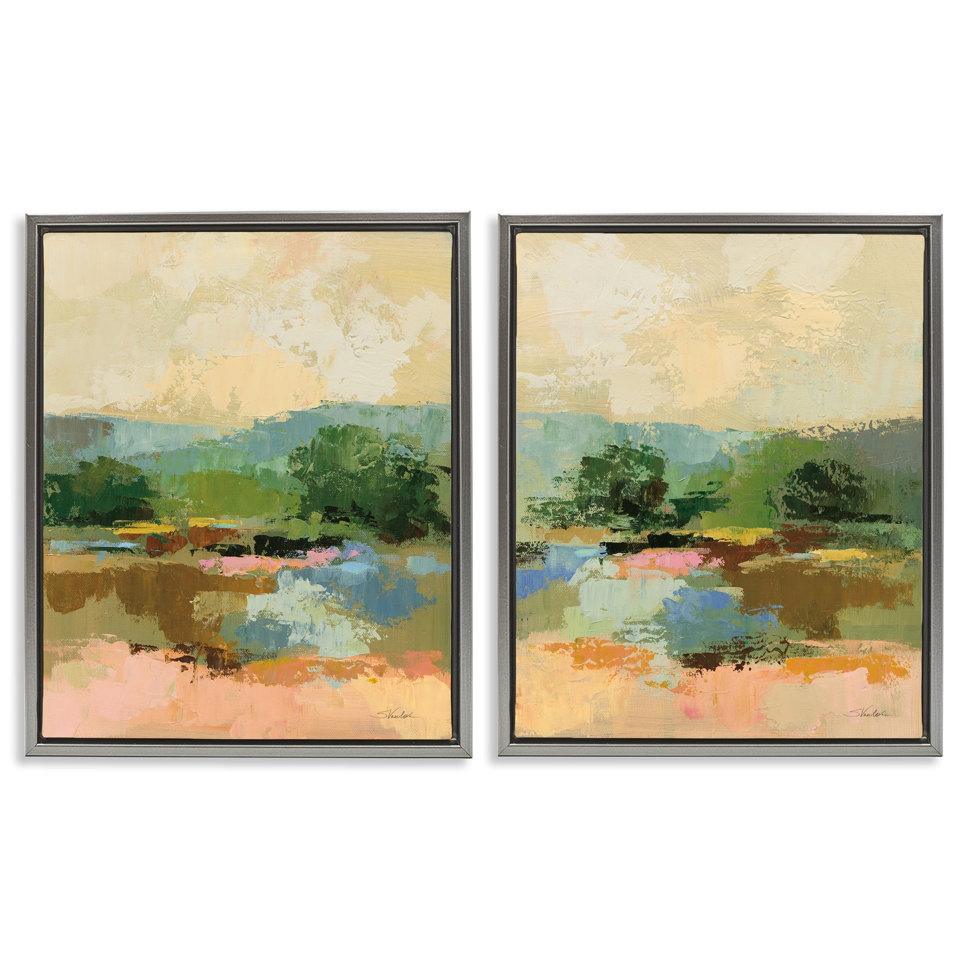 Stupell Industries Across the River Landscape Landscape & Nature Painting Gray Floater Framed Canvas Art Print Wall Art, 31 x 25, Set of 2