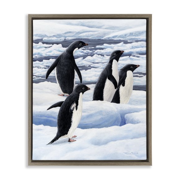 Stupell Industries Adelie Penguins on Ice Brown Framed Floater Canvas Wall Art design by Jeremy Paul, 21 x 17