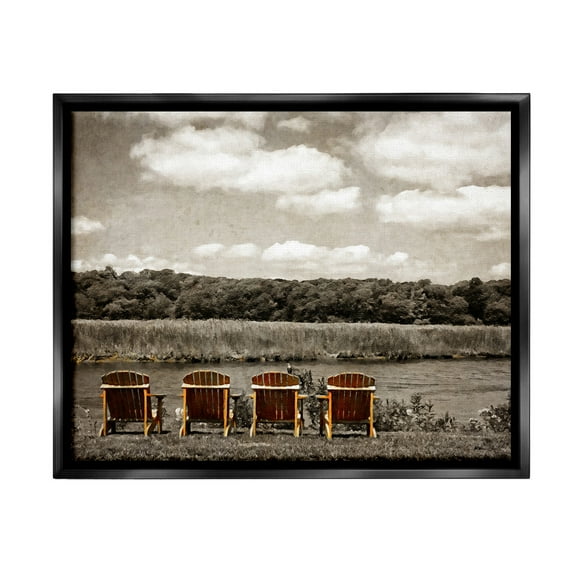 Stupell Industries Adirondacks Lake View Landscape Painting Black Floater Framed Canvas Art Print Wall Art, 21 x 17