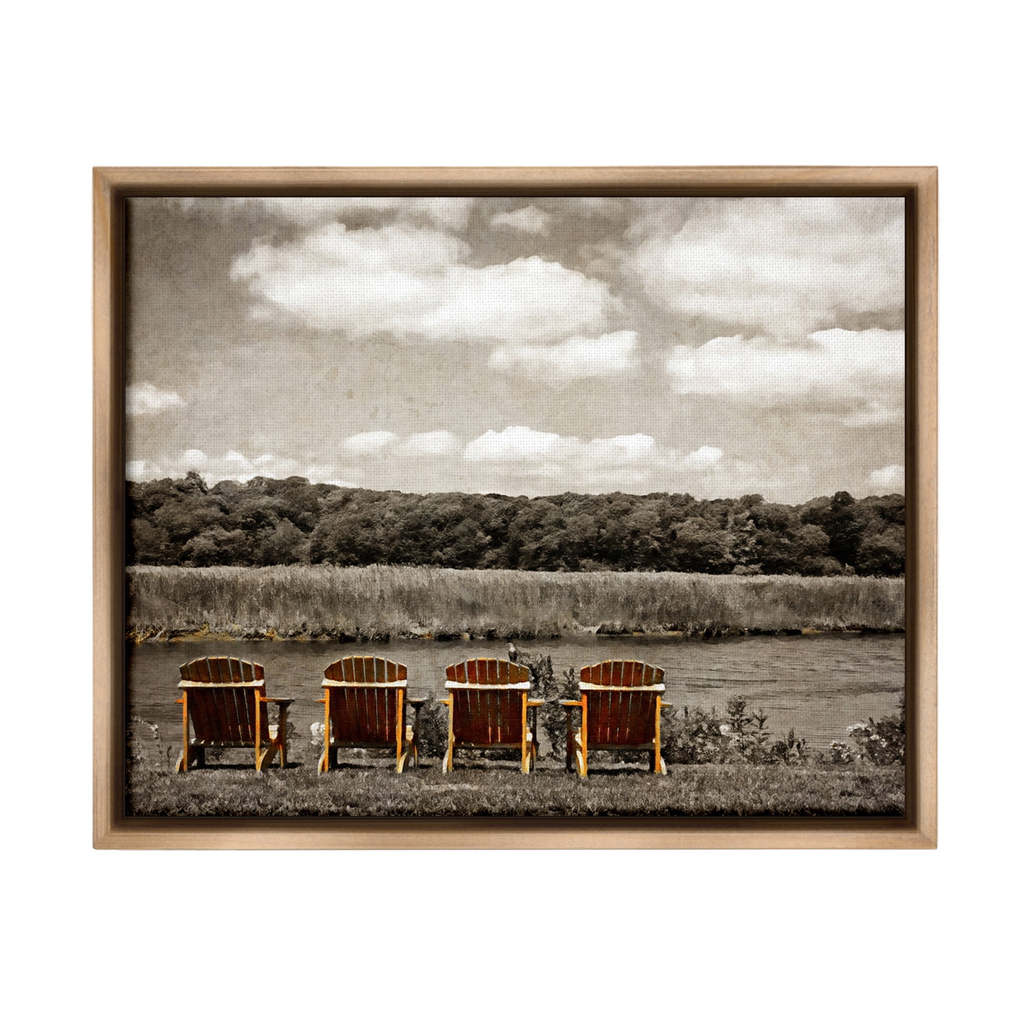 Stupell Industries Adirondacks Lake View Landscape Painting Brown Floater Framed Canvas Art Print Wall Art, 21 x 17