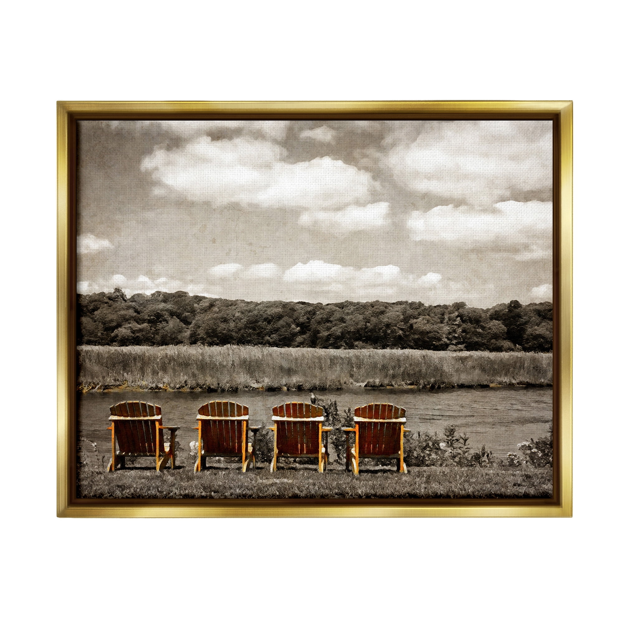 Stupell Industries Adirondacks Lake View Landscape Painting Gold Floater Framed Canvas Art Print Wall Art, 31 x 25