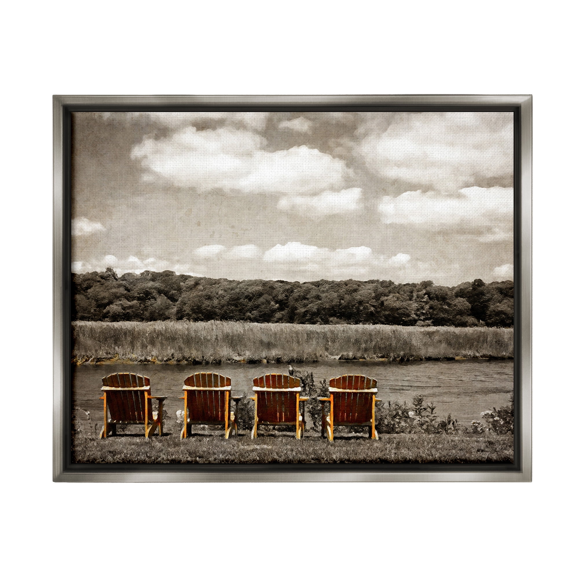 Stupell Industries Adirondacks Lake View Landscape Painting Gray Floater Framed Canvas Art Print Wall Art, 21 x 17