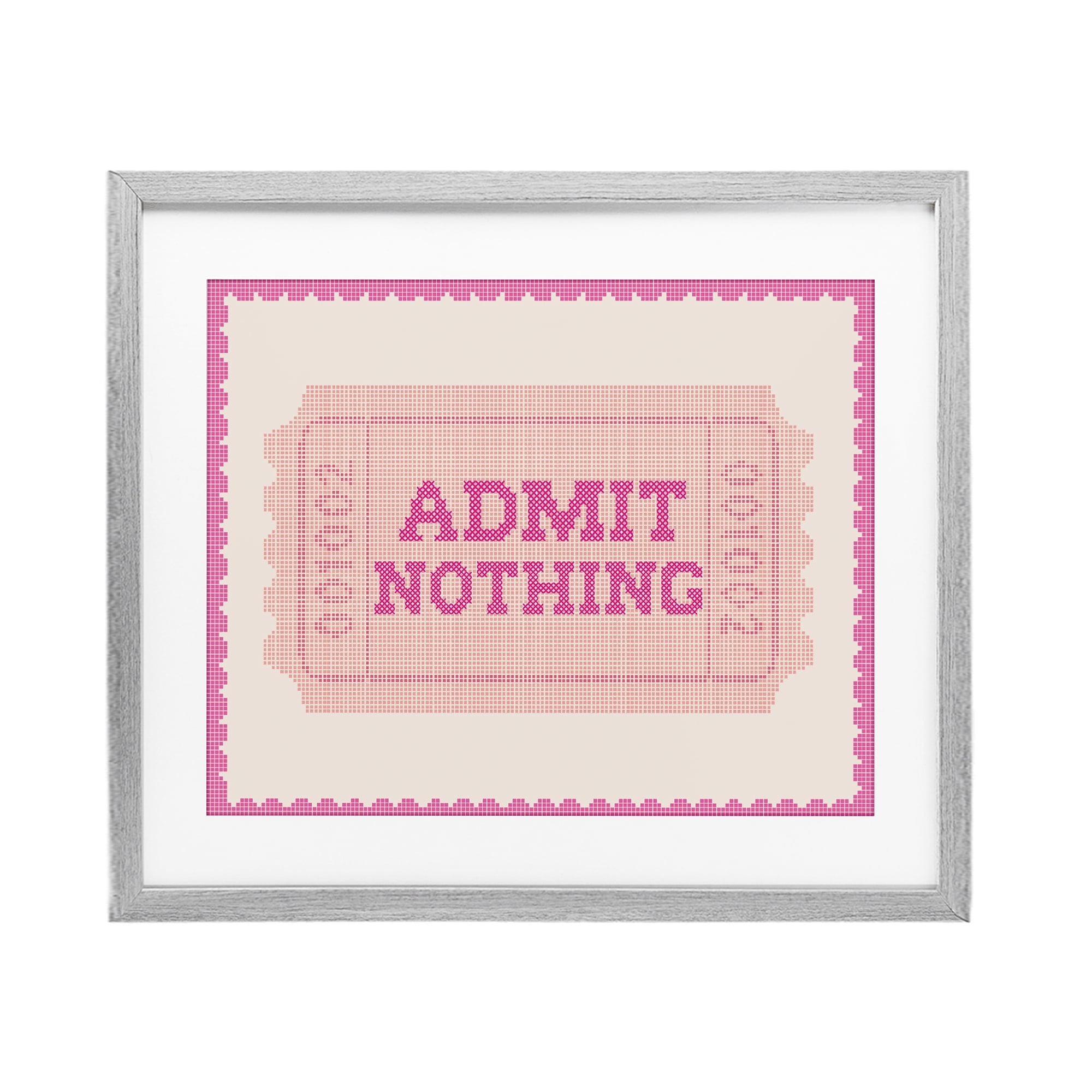 Stupell Industries Admit Nothing Retro Pink Ticket Gray Framed Print Under Glass, design by Lil' Rue