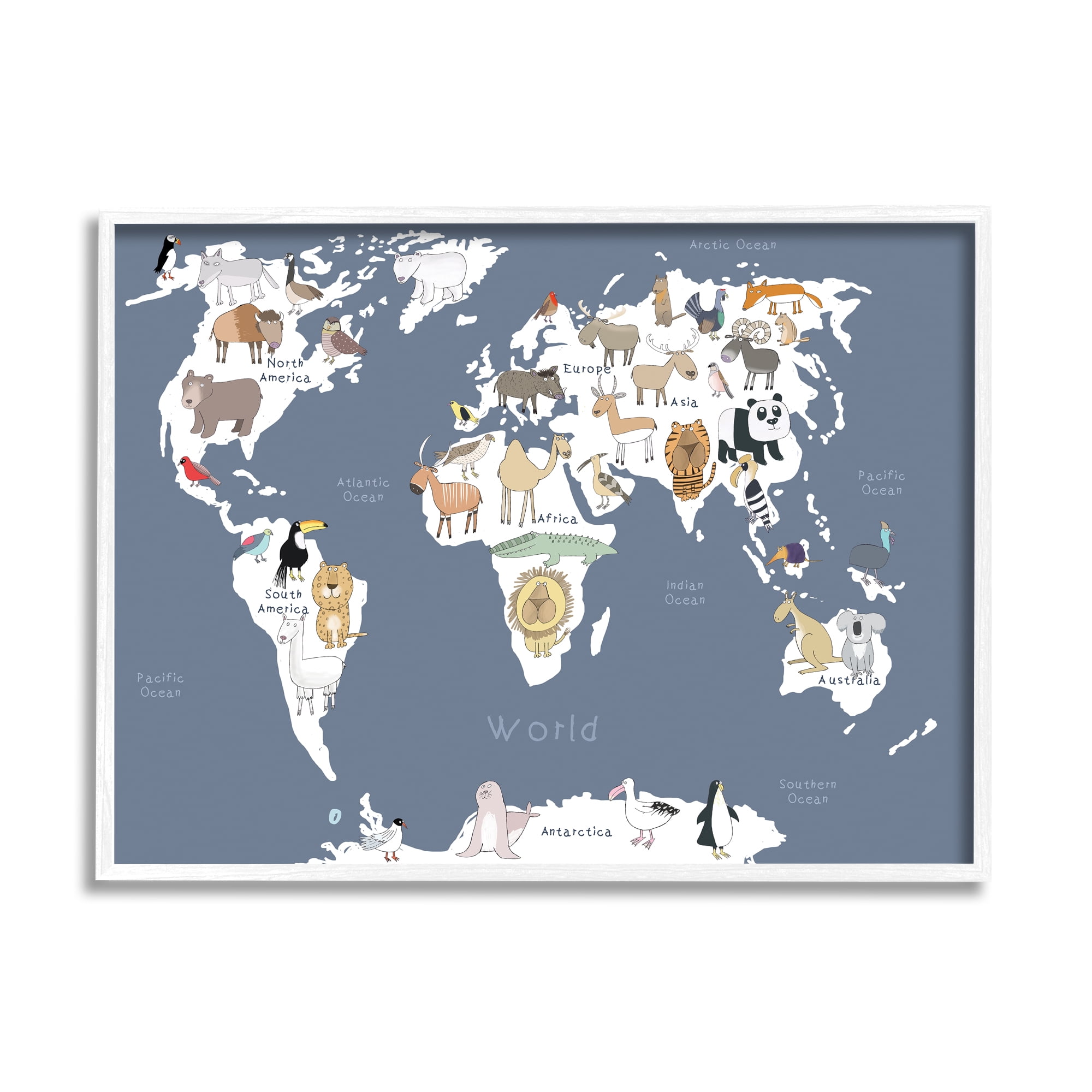 Stupell Industries Adorable Animal World Map Kid's Lion Tiger Bear, 16 x 20, Designed by Carla Daly