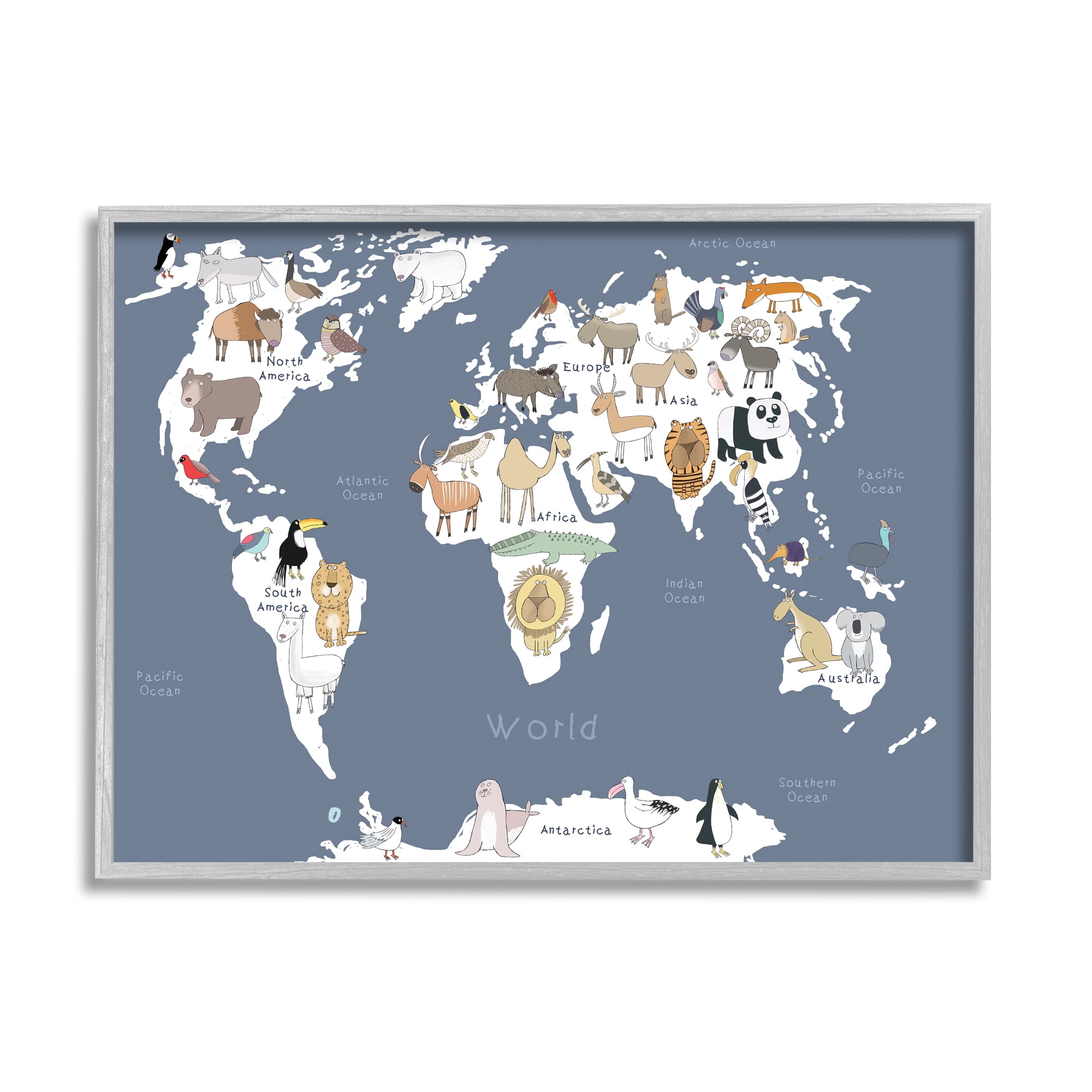 Stupell Industries Adorable Animal World Map Kid's Lion Tiger Bear, 24 x 30, Designed by Carla Daly