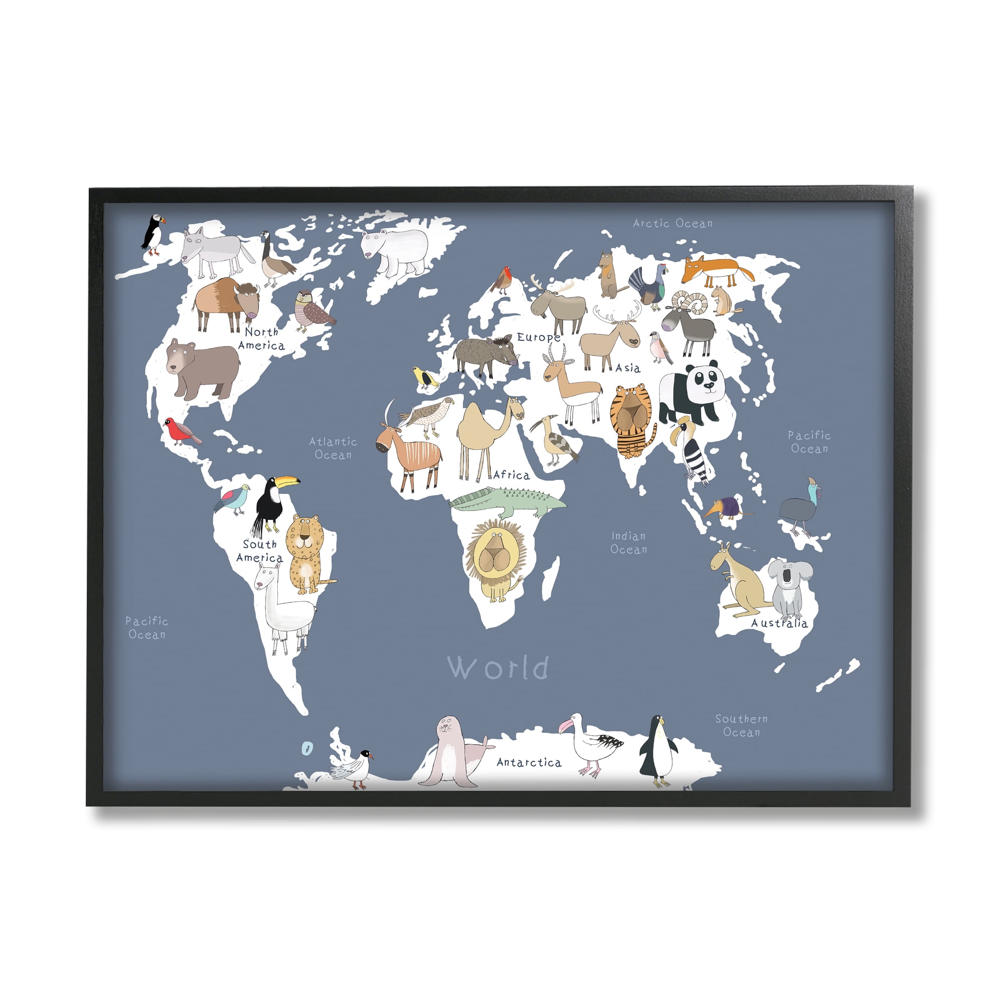 Stupell Industries Adorable Animal World Map Kid's Lion Tiger Bear Graphic Art Black Framed Art Print Wall Art, 11x14, by Carla Daly
