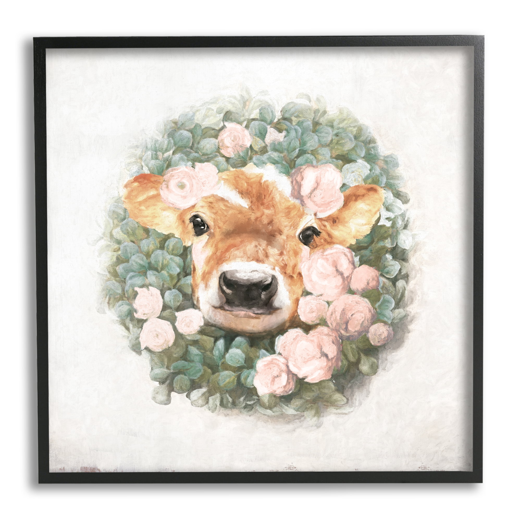 Stupell Industries Adorable Baby Calf Cow Pink Blossom Wreath Painting Black Framed Art Print Wall Art, Design by White Ladder