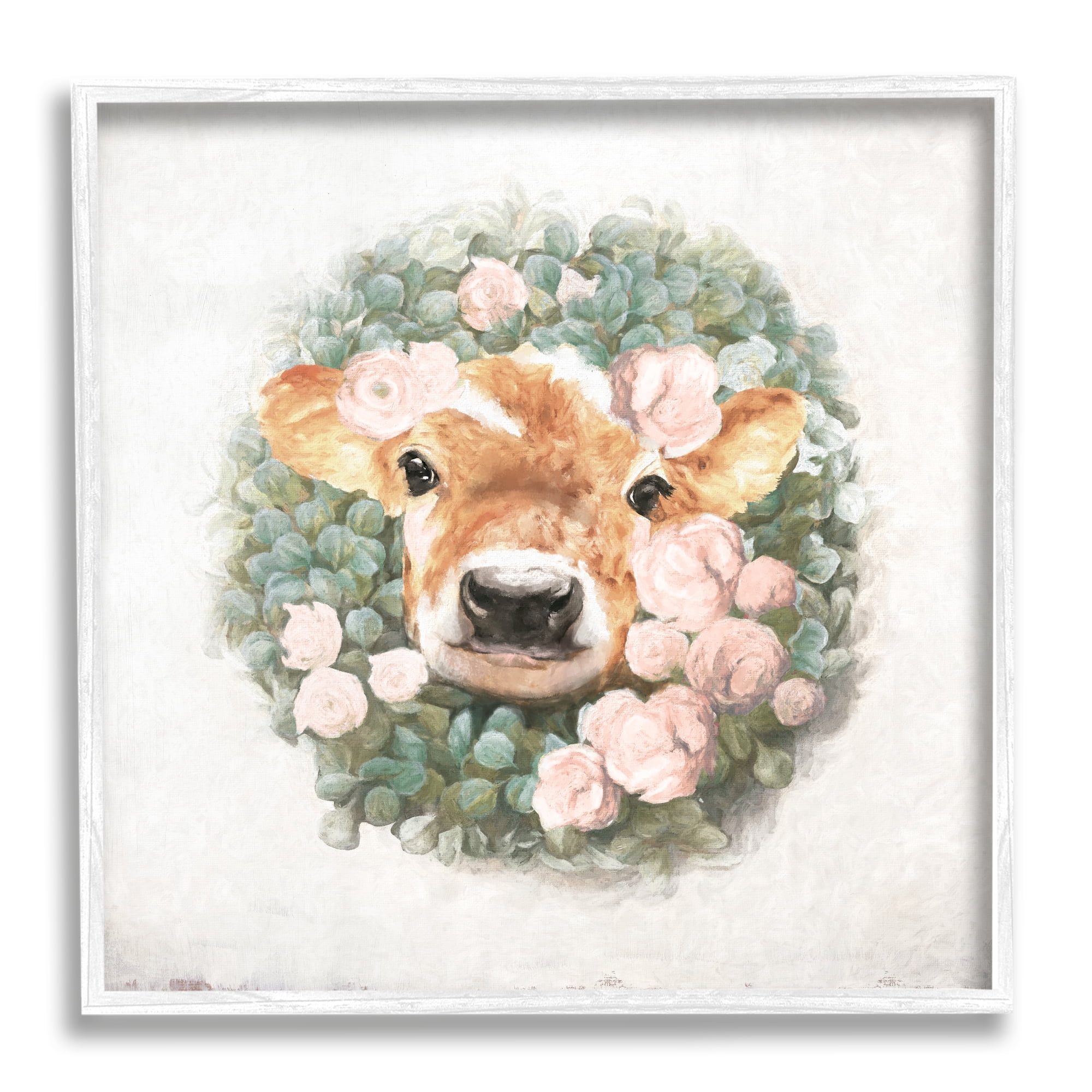 Stupell Industries Adorable Baby Calf Cow Pink Blossom Wreath Painting White Framed Art Print Wall Art, Design by White Ladder
