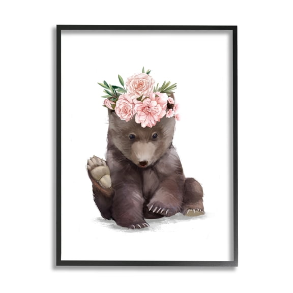 Stupell Industries Adorable Brown Bear Floral Crown Chic Forest Animal Novelty Painting Black Framed Art Print Wall Art, 24 x 30, Design by Ziwei Li