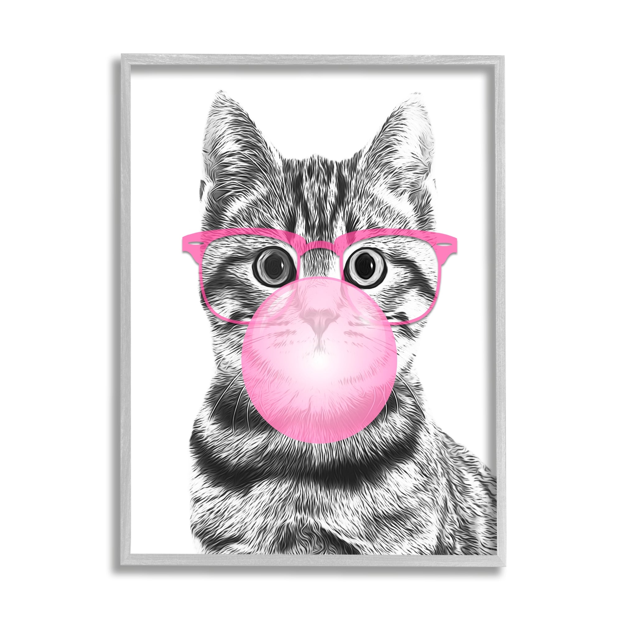 Stupell Industries Adorable Cat Bubble Gum Pink Glasses Monochrome Illustration Graphic Art Gray Framed Art Print Wall Art, 16x20, by Annalisa Latella