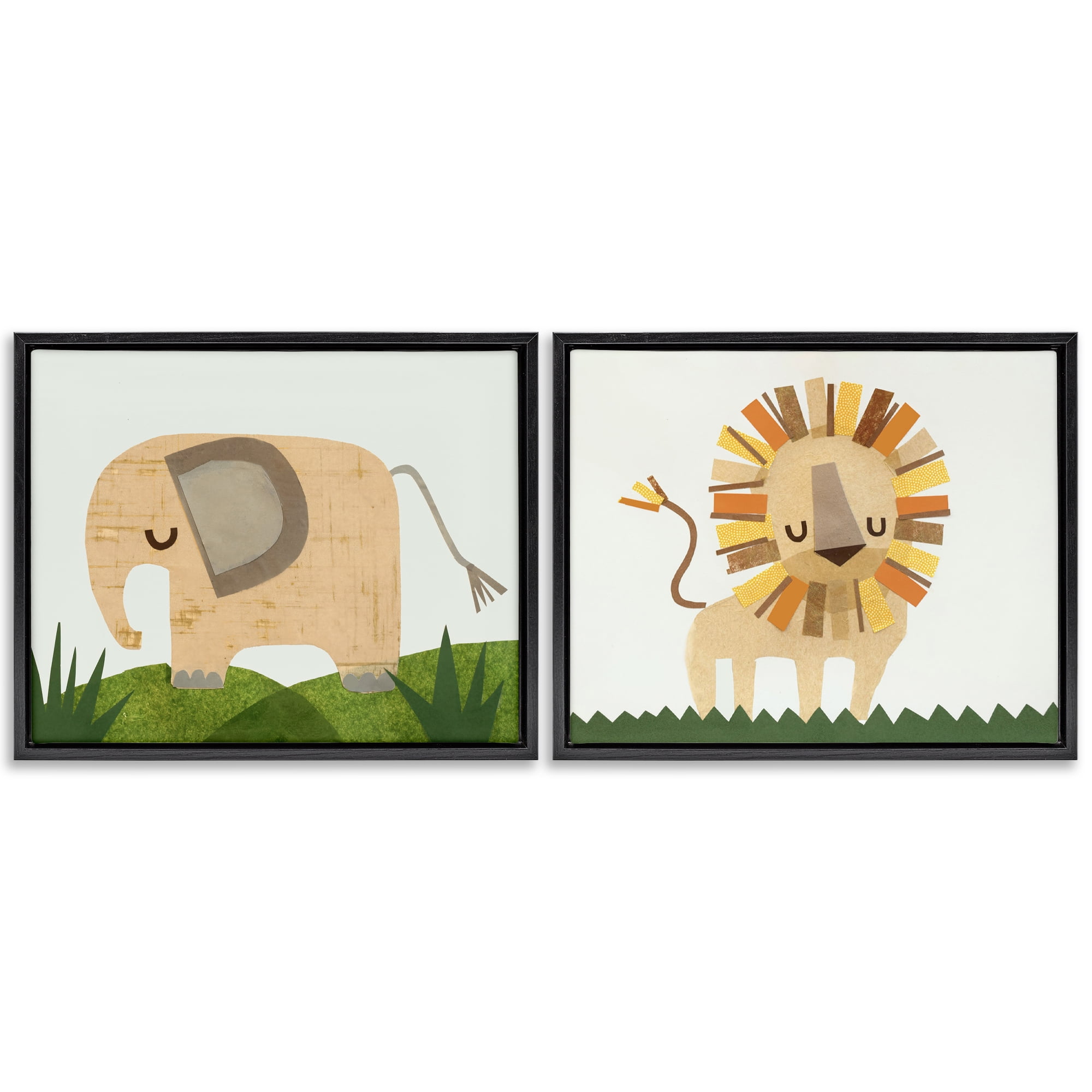 Stupell Industries Adorable Cozy Elephant & Lion Animals Painting Black Floater Framed Canvas Art Print Wall Art, 31 x 25, Set of 2
