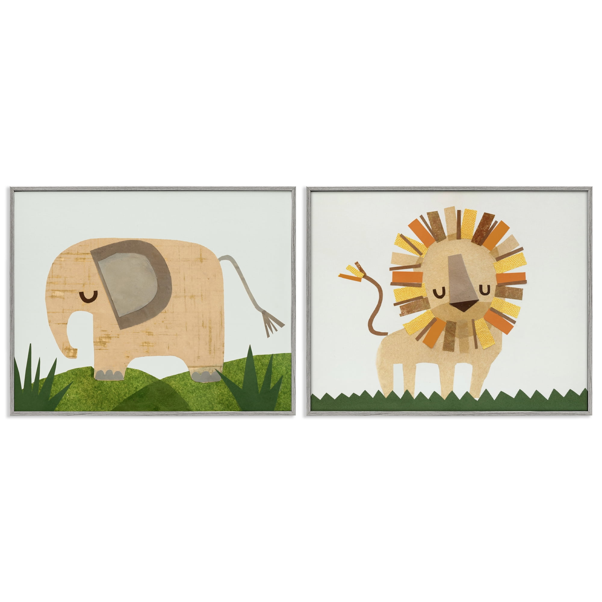 Stupell Industries Adorable Cozy Elephant & Lion Animals Painting Gray Framed Art Print Wall Art, 30 x 24, Set of 2