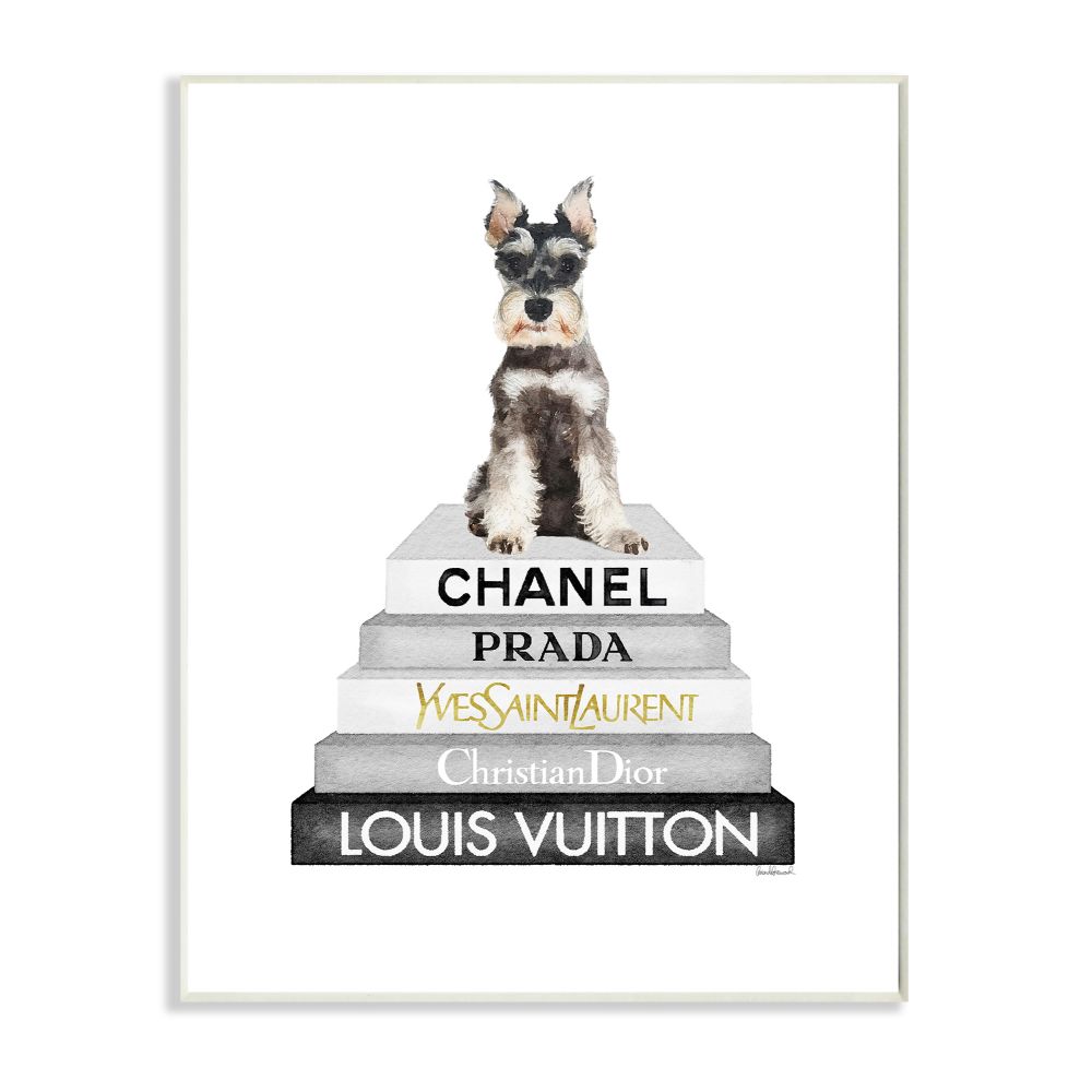 Stupell Industries Adorable Dog Sitting on Neutral Glam Fashion Book Stack Designed by Amanda Greenwood