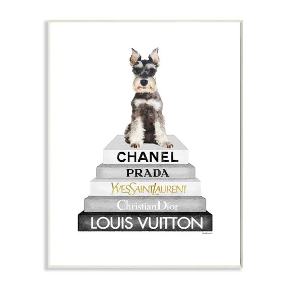 Stupell Industries Adorable Dog Sitting on Neutral Glam Fashion Book Stack Designed by Amanda Greenwood