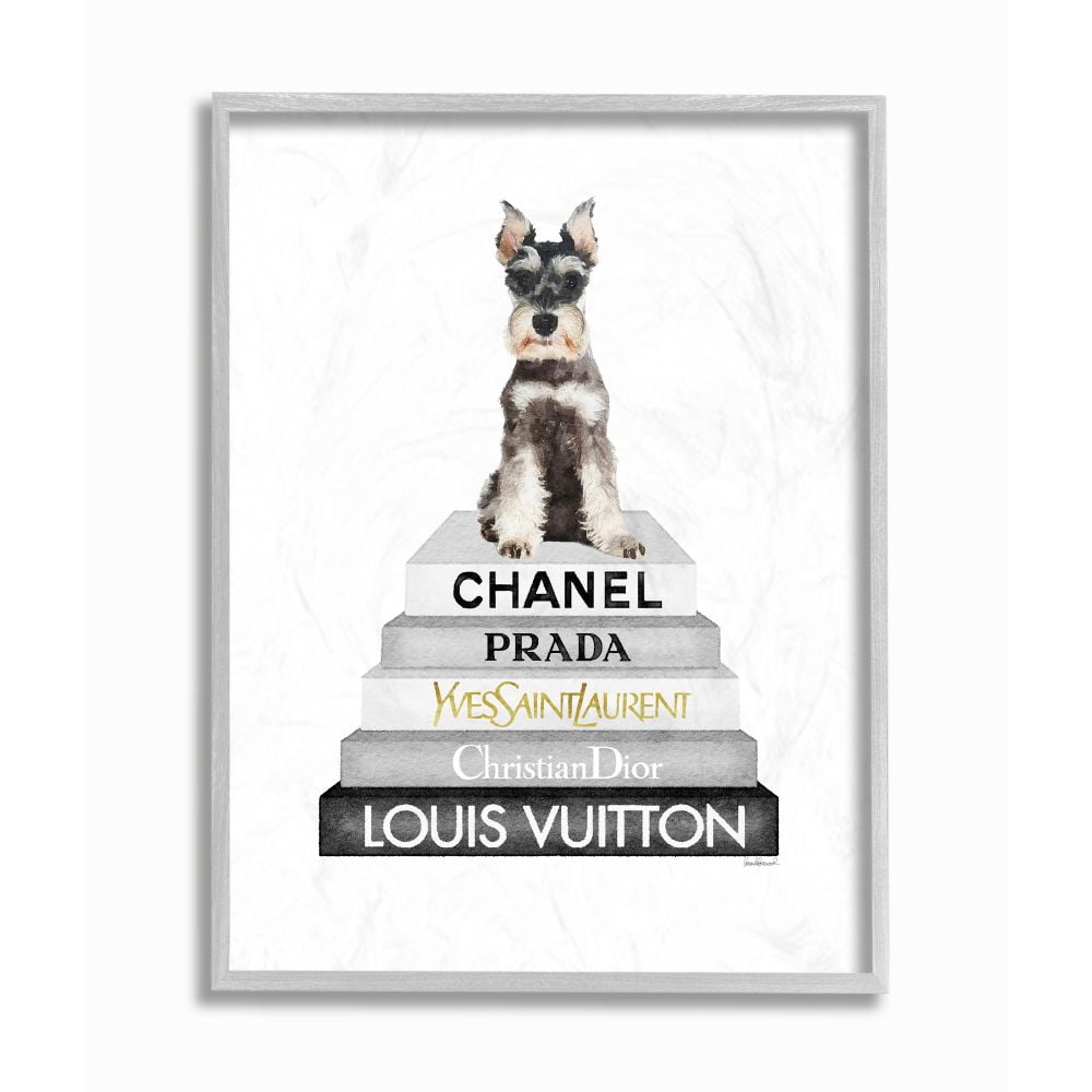 Stupell Industries Adorable Dog Sitting on Neutral Glam Fashion Book Stack Designed by Amanda Greenwood