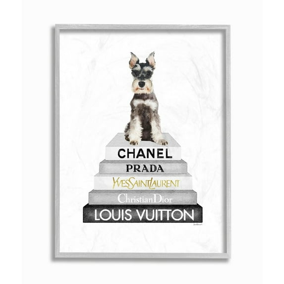 Stupell Industries Adorable Dog Sitting on Neutral Glam Fashion Book Stack Designed by Amanda Greenwood