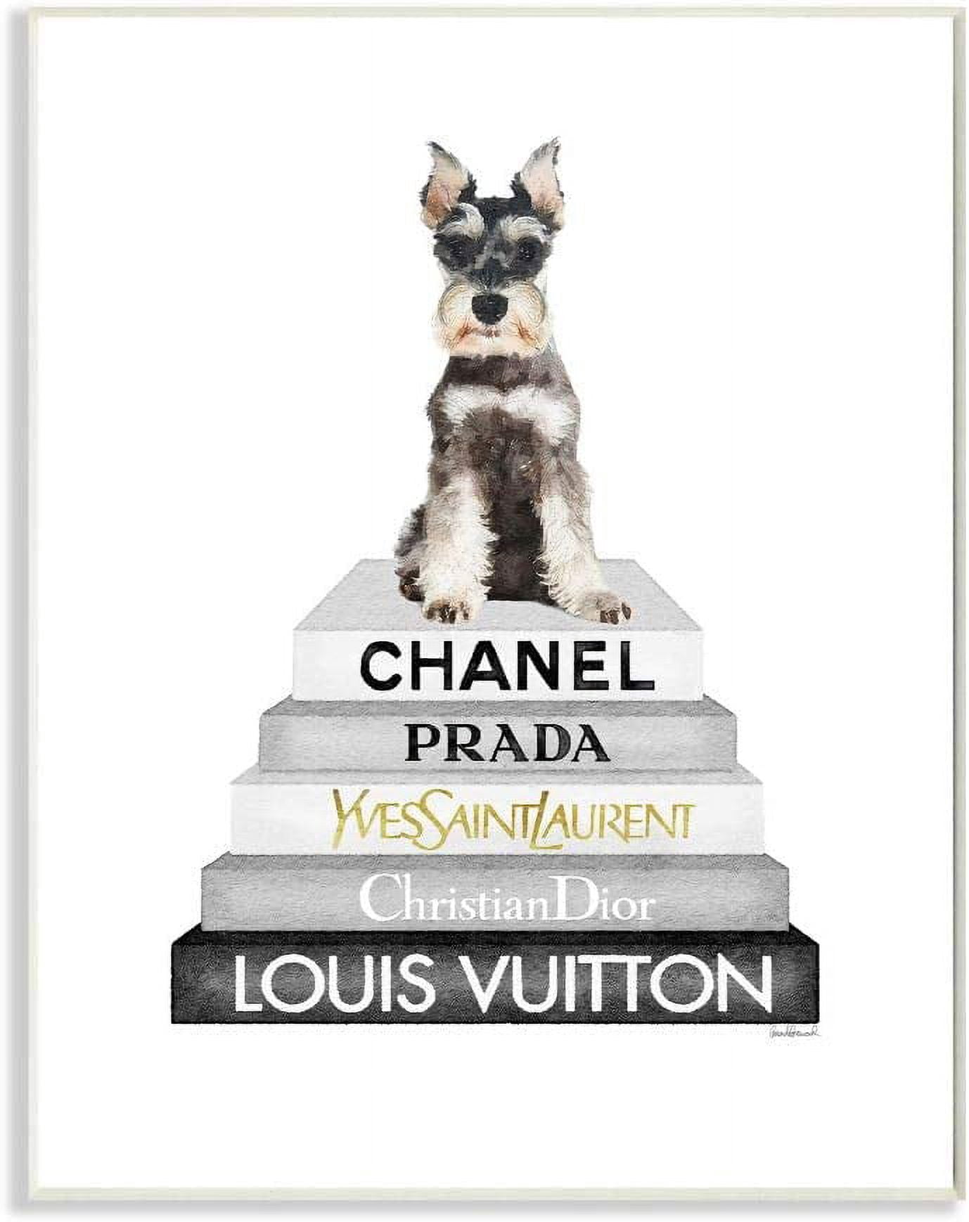 Stupell Industries Adorable Dog Sitting on Neutral Glam Fashion Book Stack Designed by Amanda Greenwood