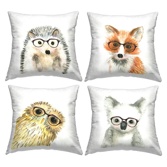 Stupell Industries Adorable Forest Animals Hipster Glasses Owl Fox Rustic Multi-Color, 18 x 7 x 18, Decorative Pillows, (Set of 4)