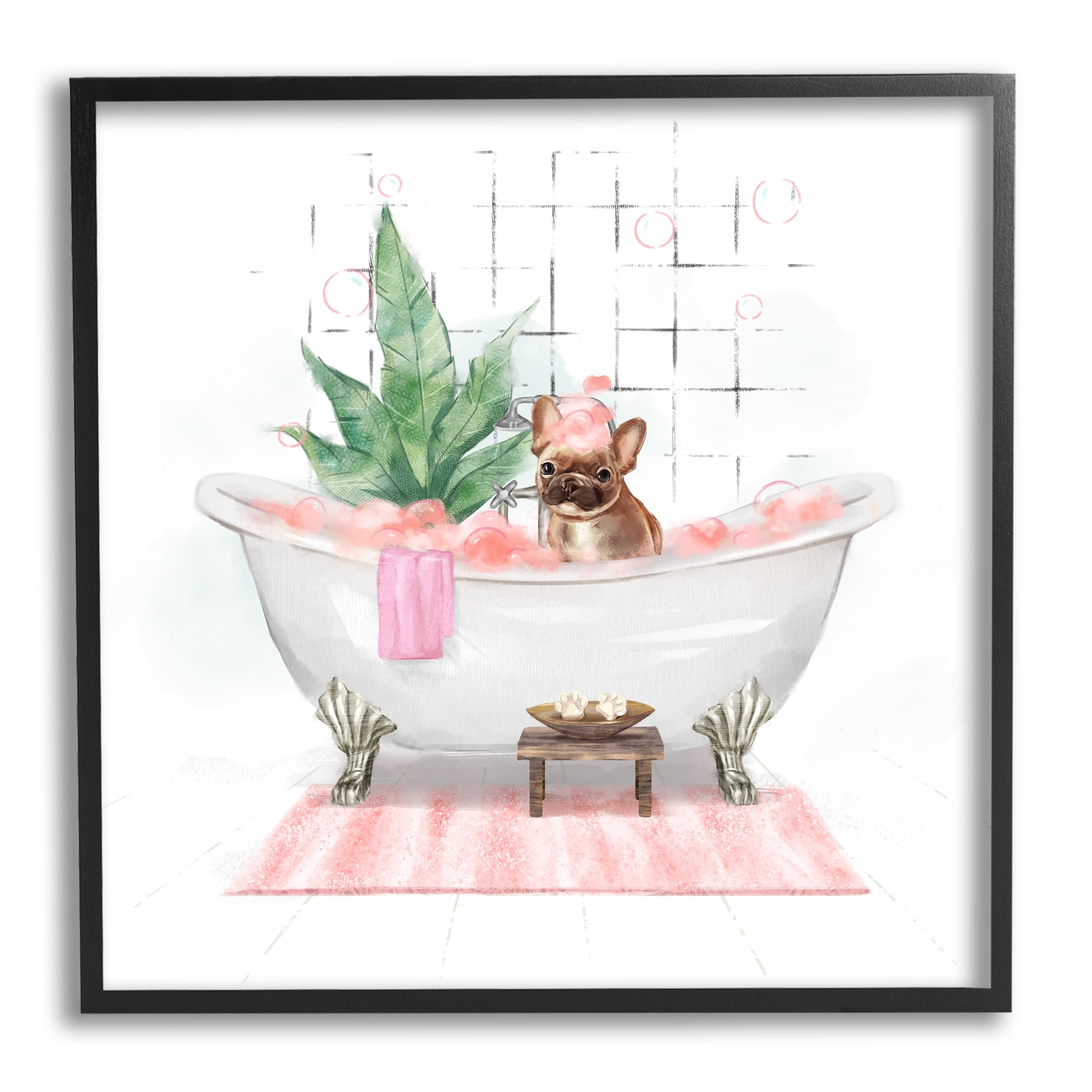 Stupell Industries Adorable French Bulldog in Pink Bubble Bath Animals & Insects Painting Black Framed Art Print Wall Art, 12 x 12