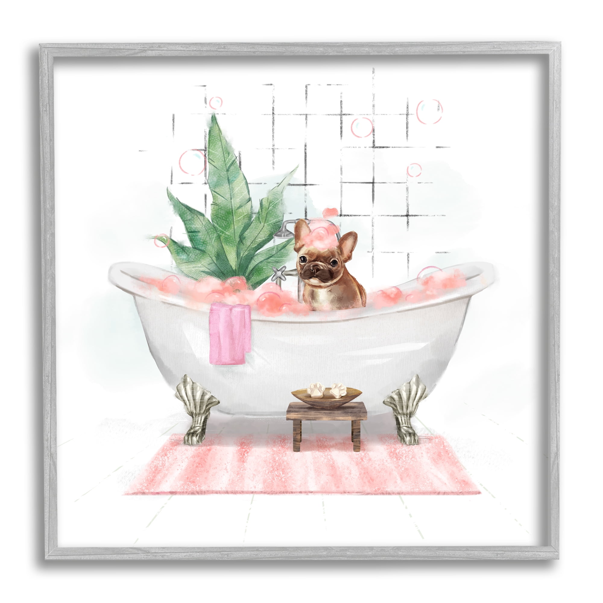 Stupell Industries Adorable French Bulldog in Pink Bubble Bath Animals & Insects Painting Gray Framed Art Print Wall Art, 12 x 12
