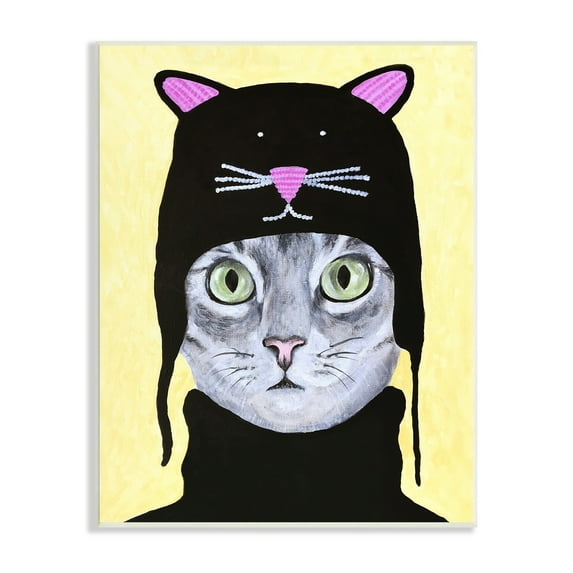 Stupell Industries Adorable Grey Cat Wearing Hat Black Turtleneck Yellow Background , 10 x 15, Design by Coco de Paris