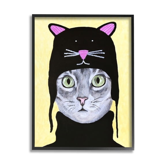 Stupell Industries Adorable Grey Cat Wearing Hat Black Turtleneck Yellow Background , 11 x 14, Design by Coco de Paris