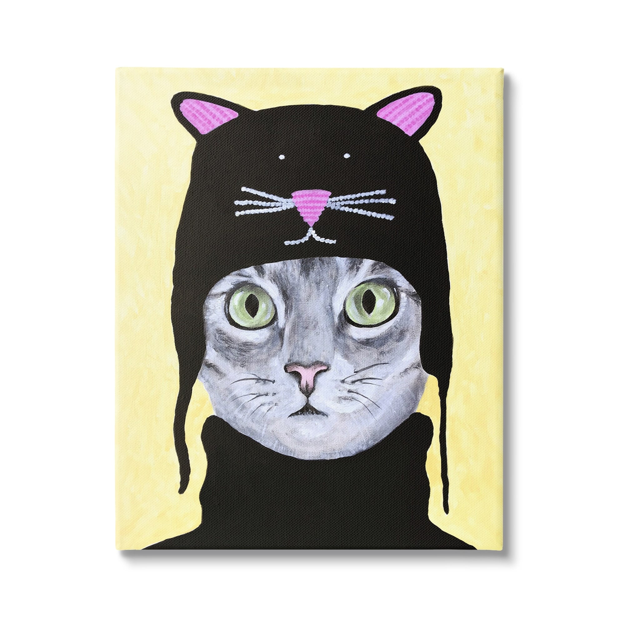 Stupell Industries Adorable Grey Cat Wearing Hat Black Turtleneck Yellow Background Paintings Gallery-Wrapped Canvas Print Wall Art, 30x40, by Coco de Paris