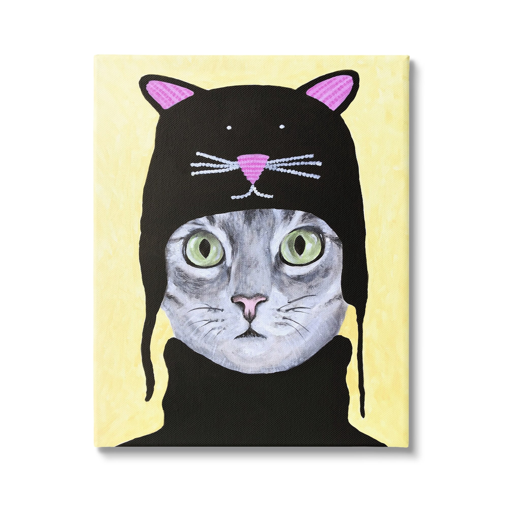 Stupell Industries Adorable Grey Cat Wearing Hat Black Turtleneck Yellow Background Paintings Gallery-Wrapped Canvas Print Wall Art, 36x48, by Coco de Paris