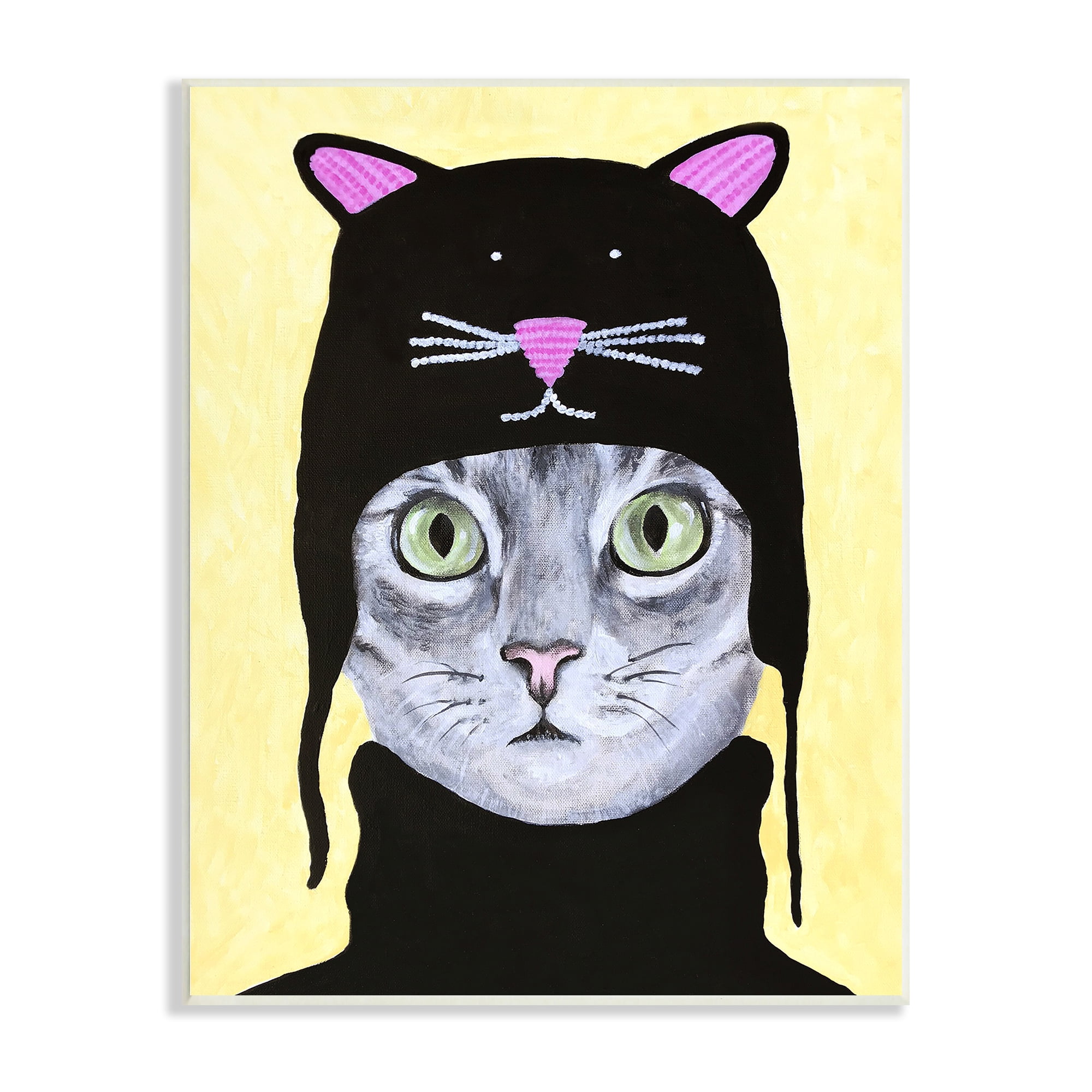 Stupell Industries Adorable Grey Cat Wearing Hat Black Turtleneck Yellow Background Paintings Unframed Art Print Wall Art, 13x19, by Coco de Paris