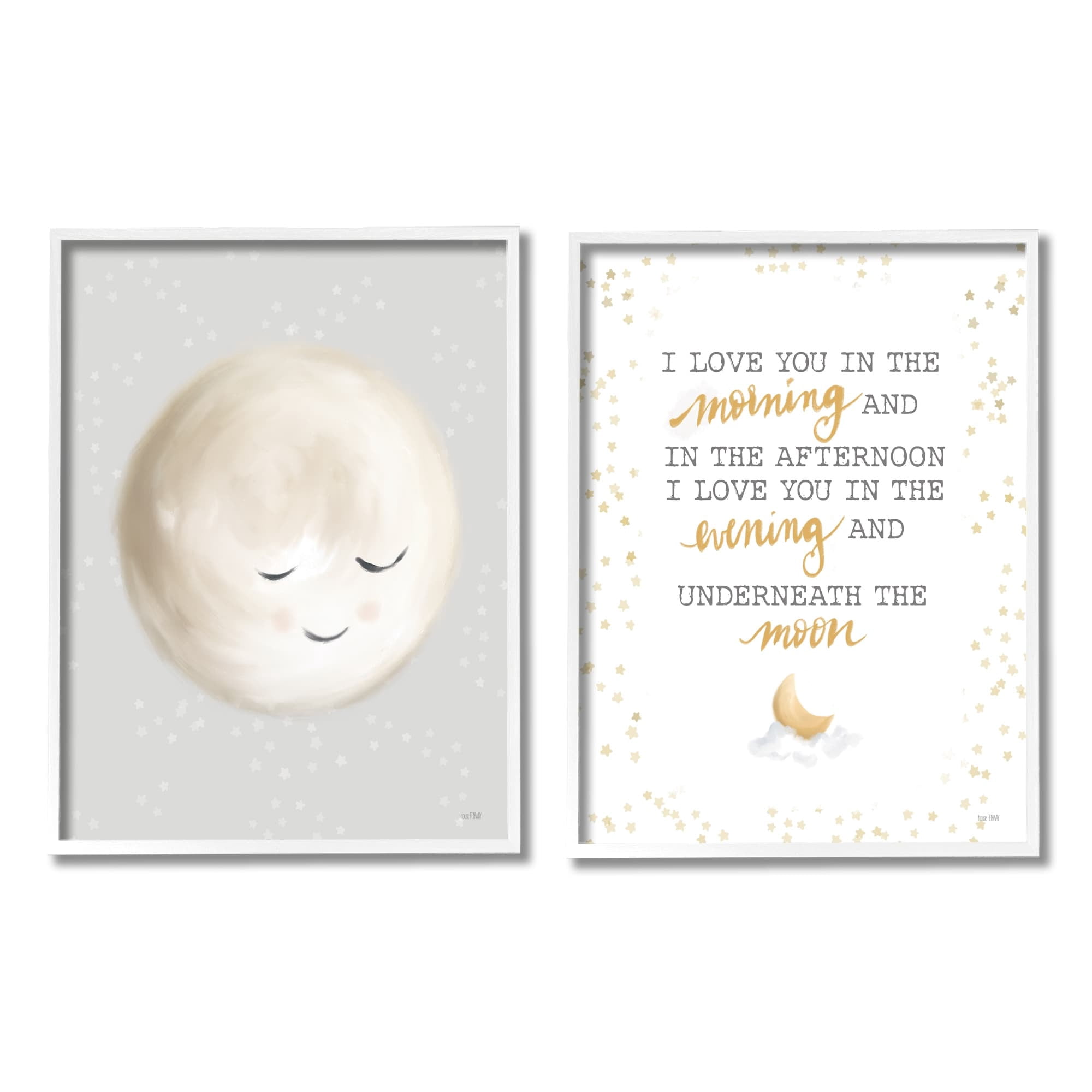 Stupell Industries Adorable I Love You Moon Quote Illustration Graphic Art White Framed Art Print Wall Art Set of 2, 11x14, by House Fenway