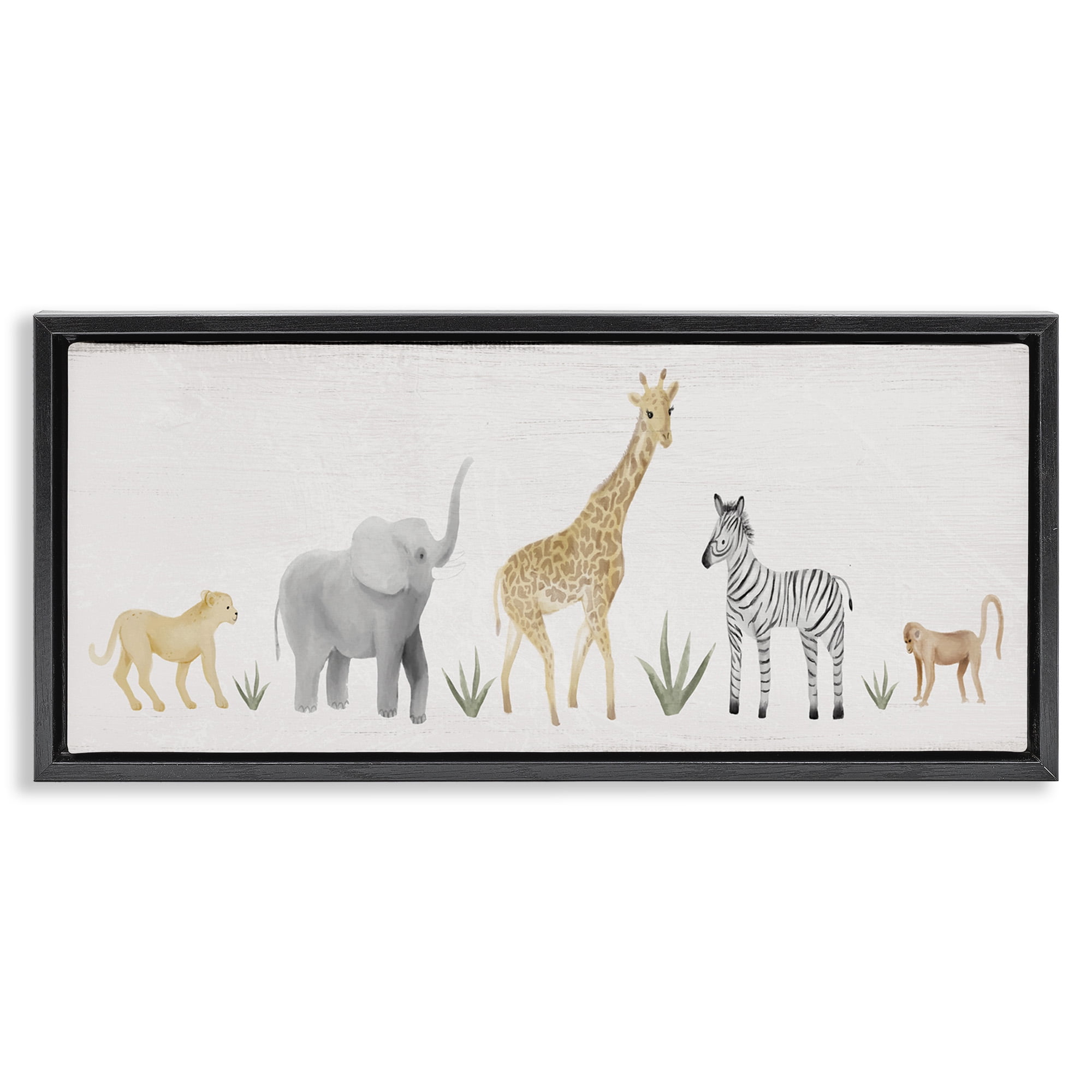 Stupell Industries Adorable Jungle Animals Wildlife Animals & Insects Painting Black Floater Framed Canvas Art Print Wall Art, 25 x 11