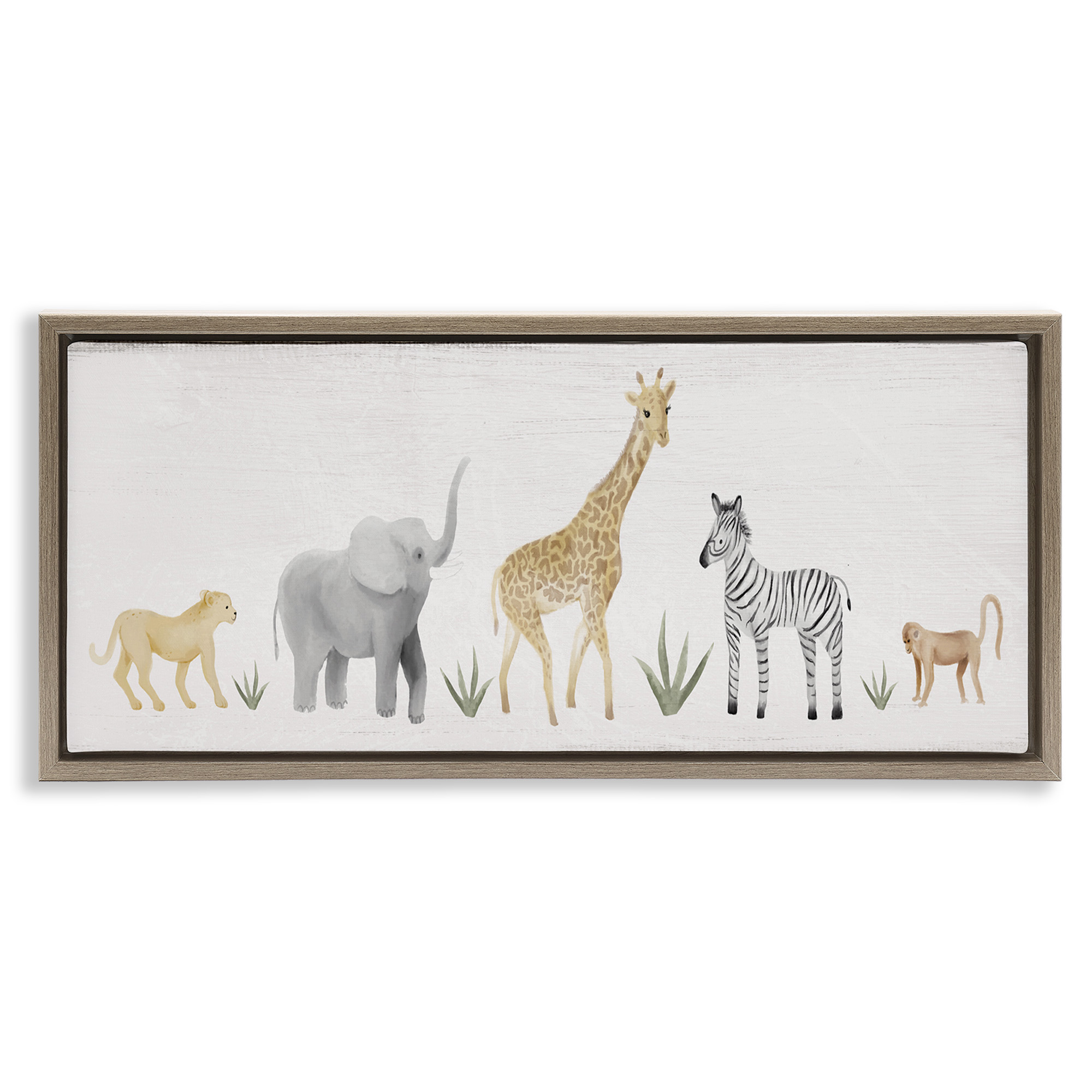 Stupell Industries Adorable Jungle Animals Wildlife Animals & Insects Painting Brown Floater Framed Canvas Art Print Wall Art, 31 x 14