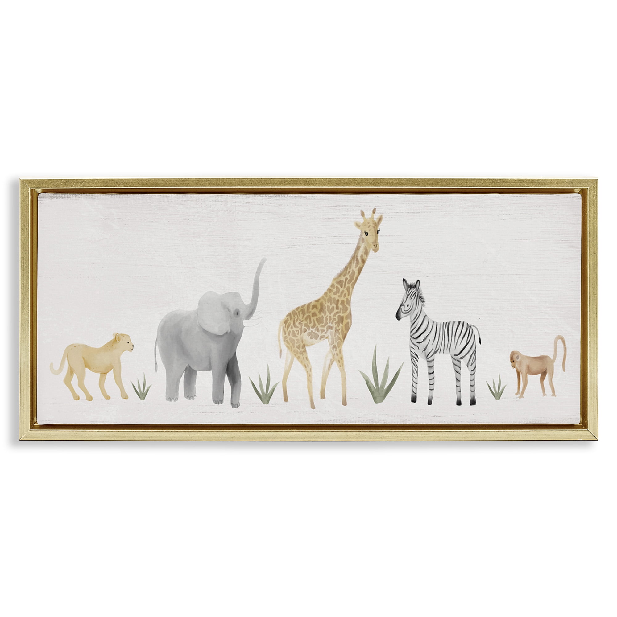 Stupell Industries Adorable Jungle Animals Wildlife Animals & Insects Painting Gold Floater Framed Canvas Art Print Wall Art, 25 x 11