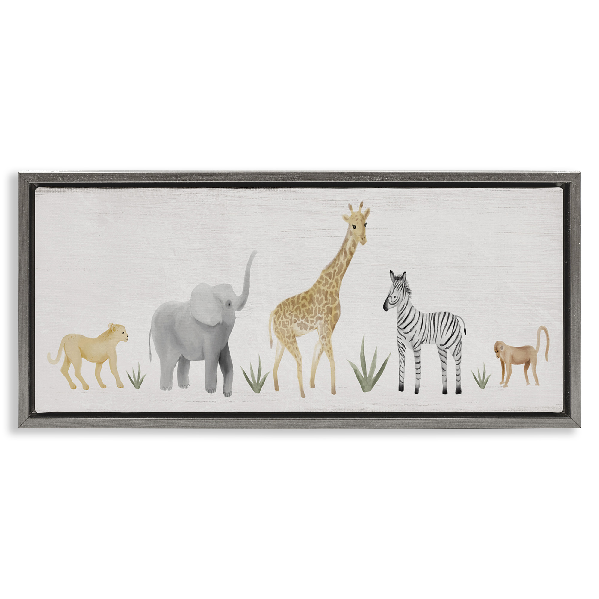 Stupell Industries Adorable Jungle Animals Wildlife Animals & Insects Painting Gray Floater Framed Canvas Art Print Wall Art, 31 x 14