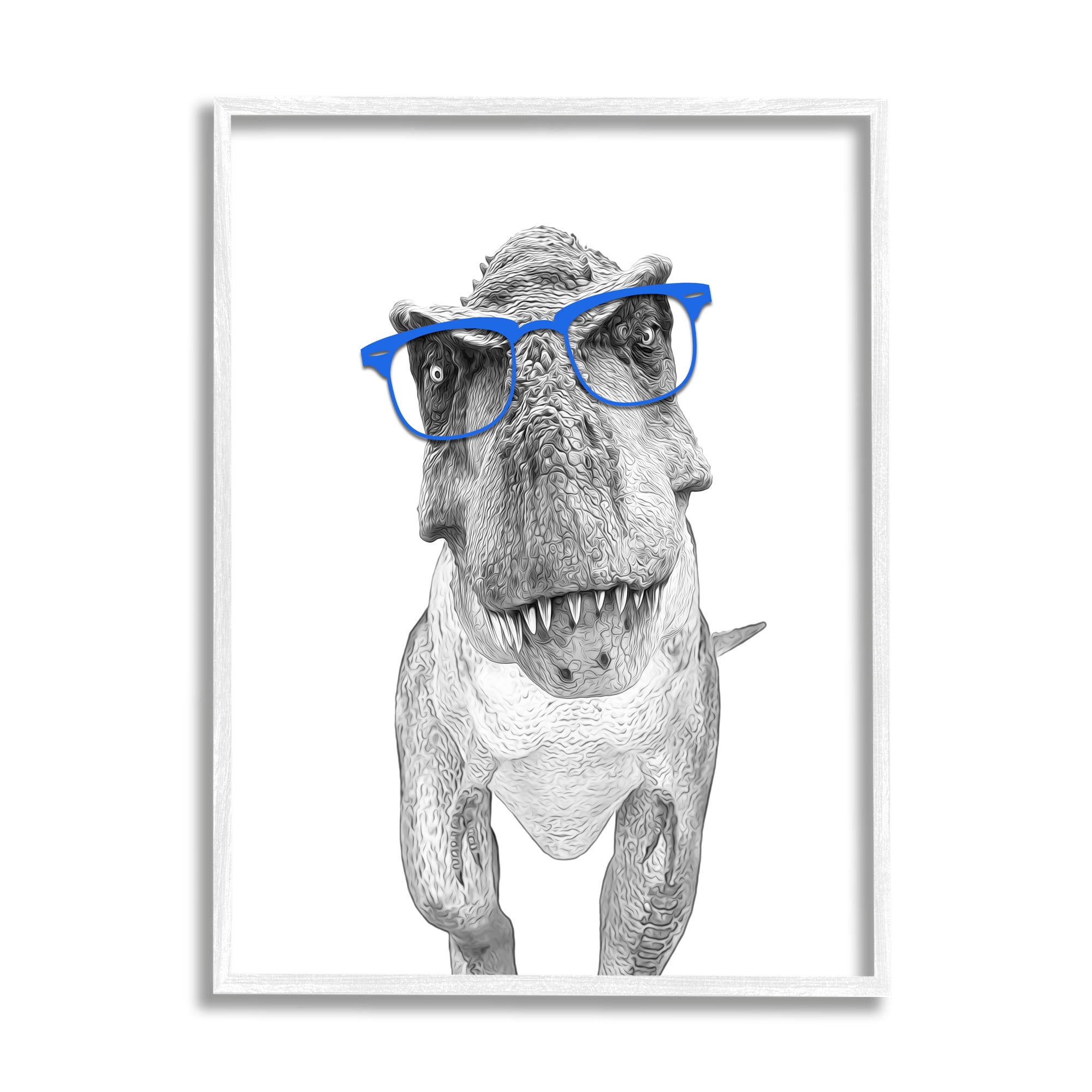 Stupell Industries Adorable Monochrome T-Rex Dinosaur Blue Glasses Illustration Graphic Art White Framed Art Print Wall Art, 24x30, by Annalisa Latella