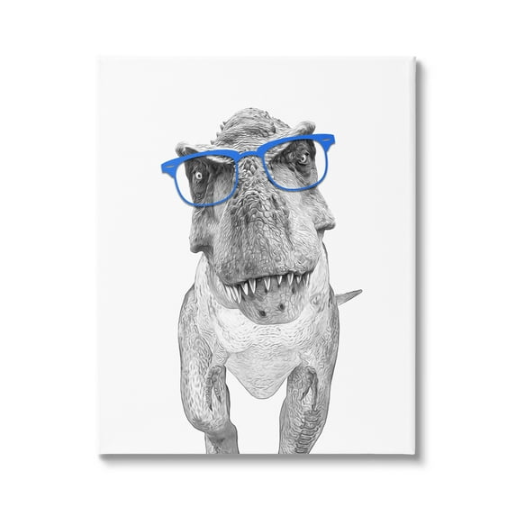 Stupell Industries Adorable Monochrome T-Rex Dinosaur Blue Glasses Illustration Kids Painting Gallery-Wrapped Canvas Print Wall Art, 36 x 48, Design by Annalisa Latella