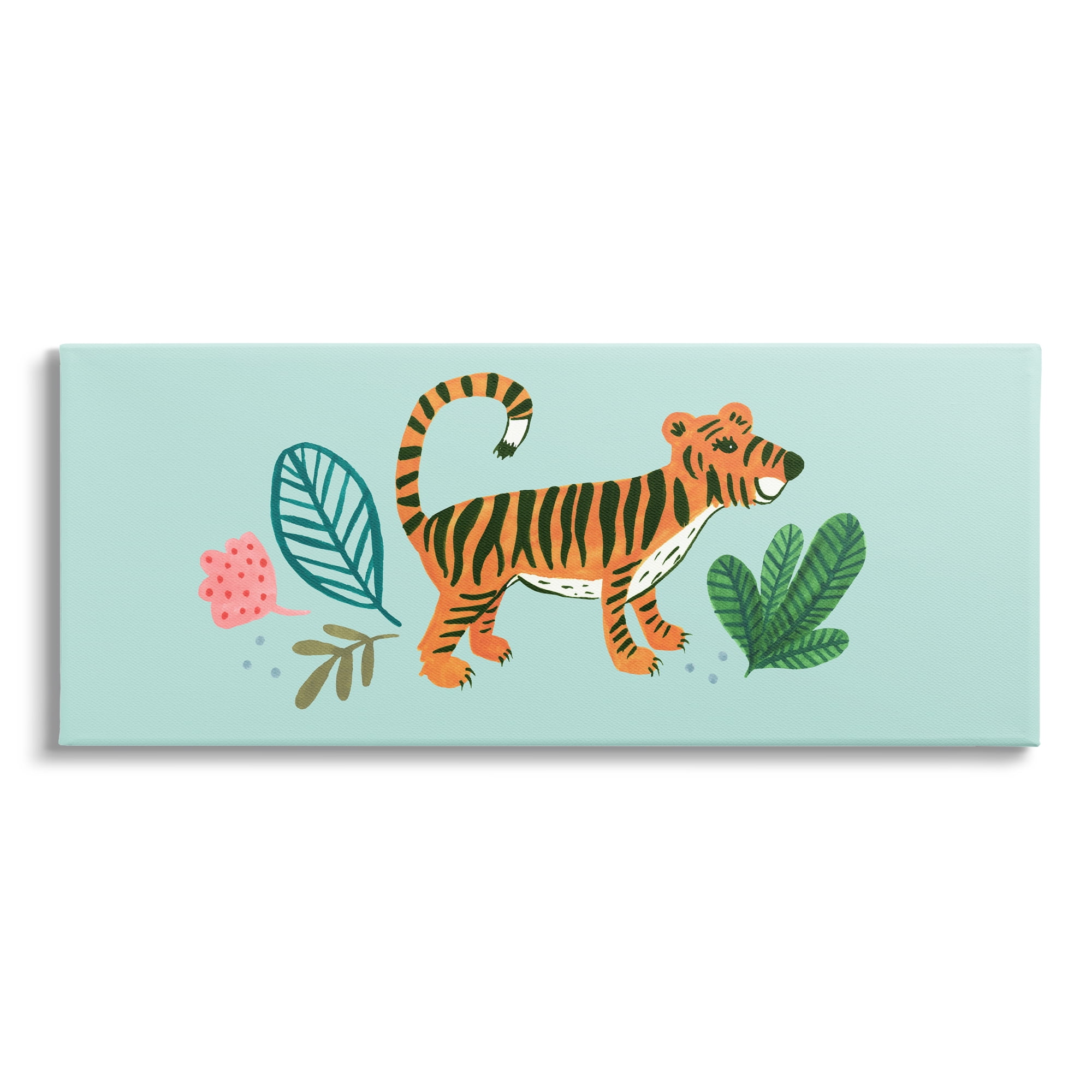 Stupell Industries Adorable Orange Tiger Leaves Plants Illustration Design Kids Painting Gallery-Wrapped Canvas Print Wall Art, 40 x 17, Design by Heather Strianese