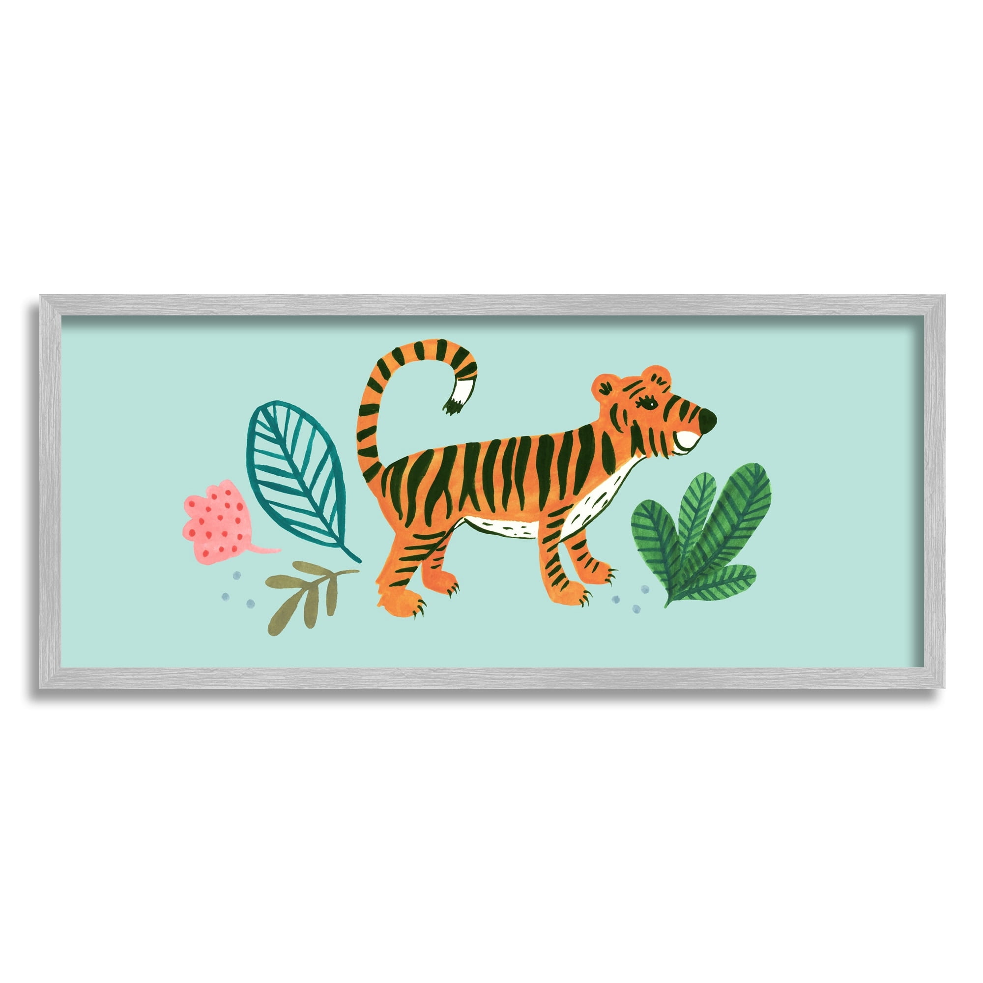 Stupell Industries Adorable Orange Tiger Leaves Plants Illustration Design Paintings Gray Framed Art Print Wall Art, 30x13, by Heather Strianese