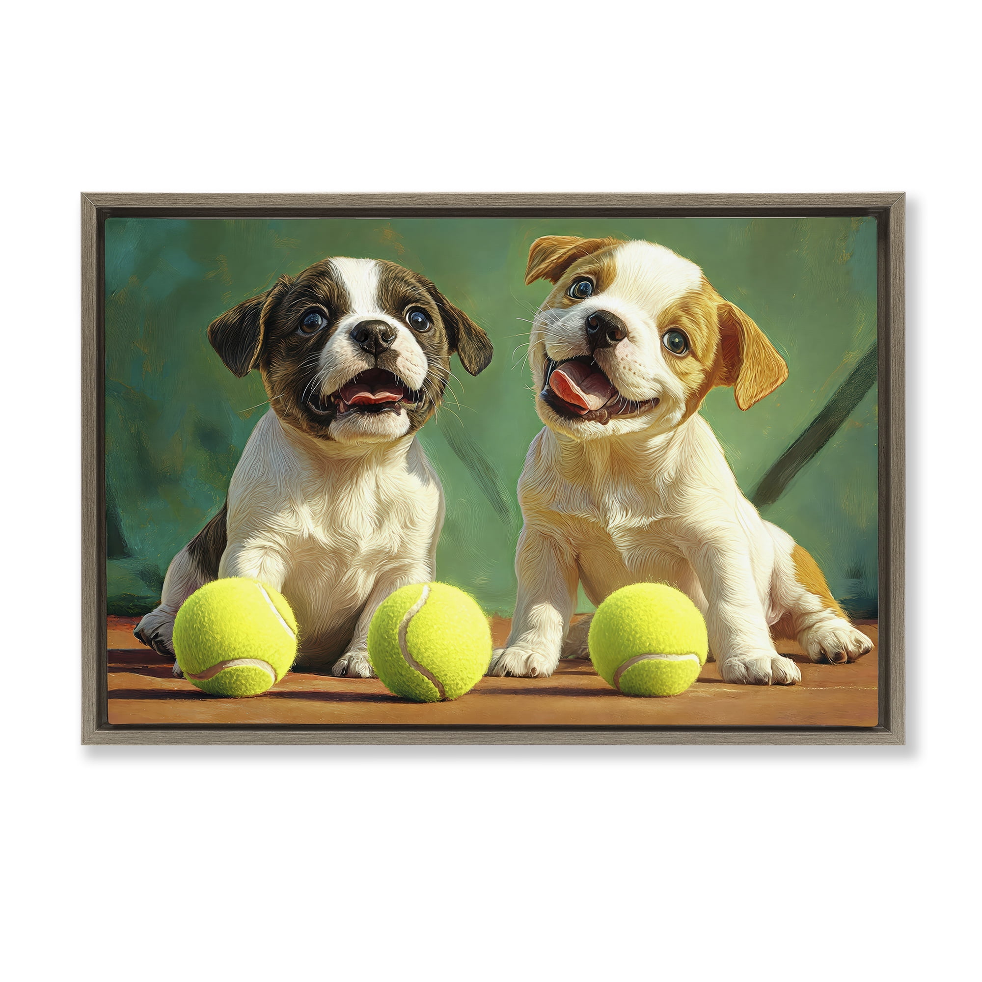 Stupell Industries Adorable Puppies with Tennis Balls Brown Framed Floater Canvas Wall Art, design by Imagine It Images