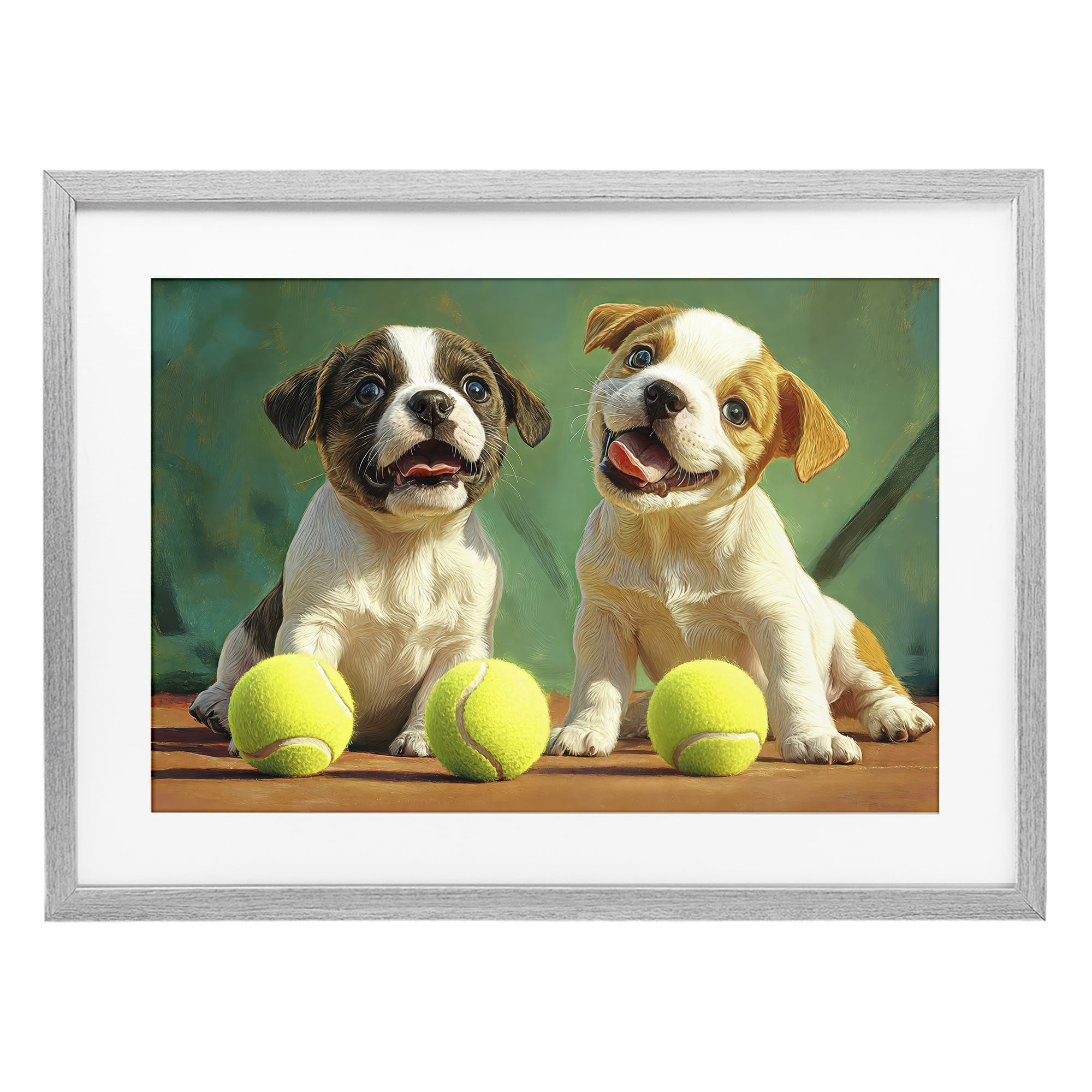 Stupell Industries Adorable Puppies with Tennis Balls Gray Framed Print Under Glass, design by Imagine It Images