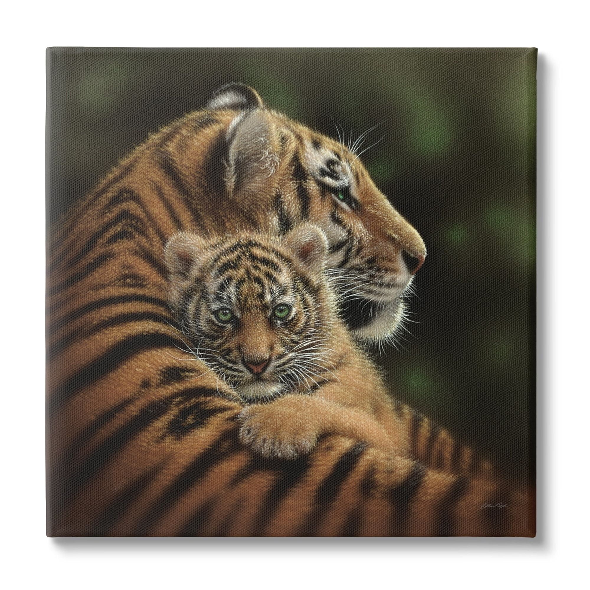 Stupell Industries Adorable Sweet Mom Tiger Holding Baby Cub Detailed Portrait Paintings Gallery-Wrapped Canvas Print Wall Art, 17x17, by Collin Bogle
