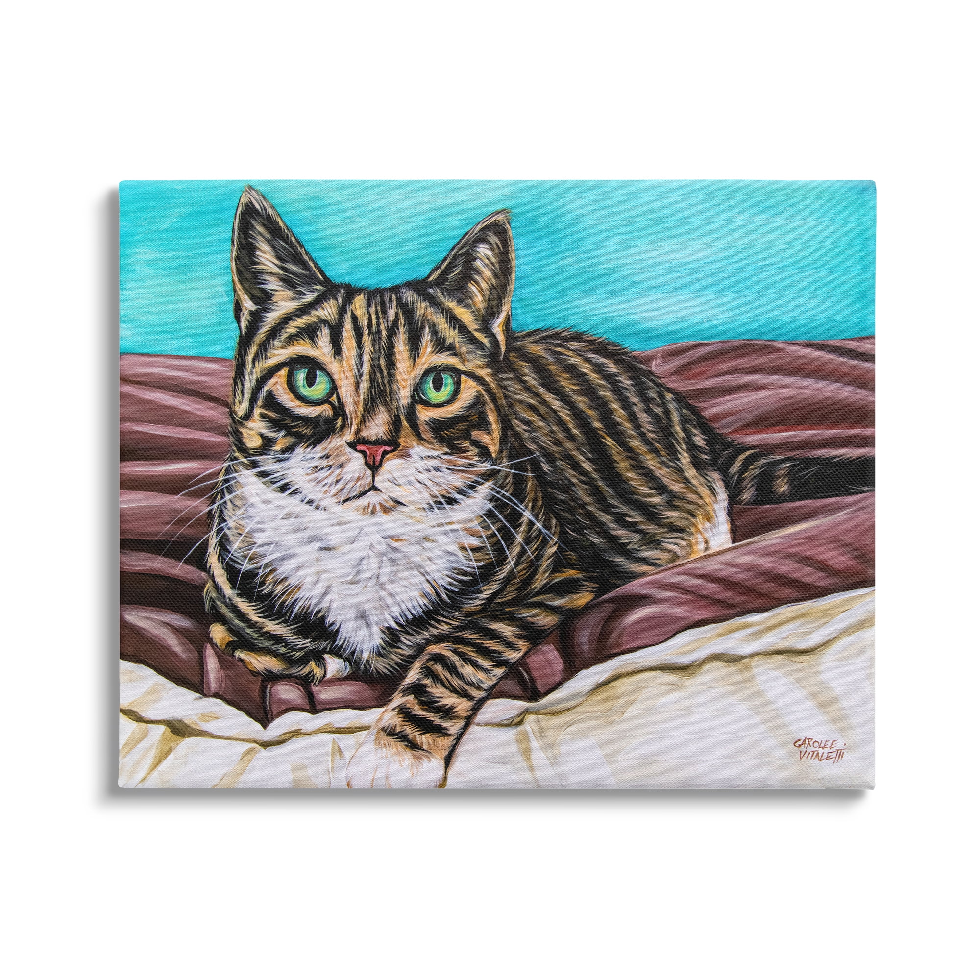 Stupell Industries Adorable Tabby Cat Green Eyes Cuddling Blanket Painting Modern Painting Gallery-Wrapped Canvas Print Wall Art, 48 x 36, Design by Carolee Vitaletti
